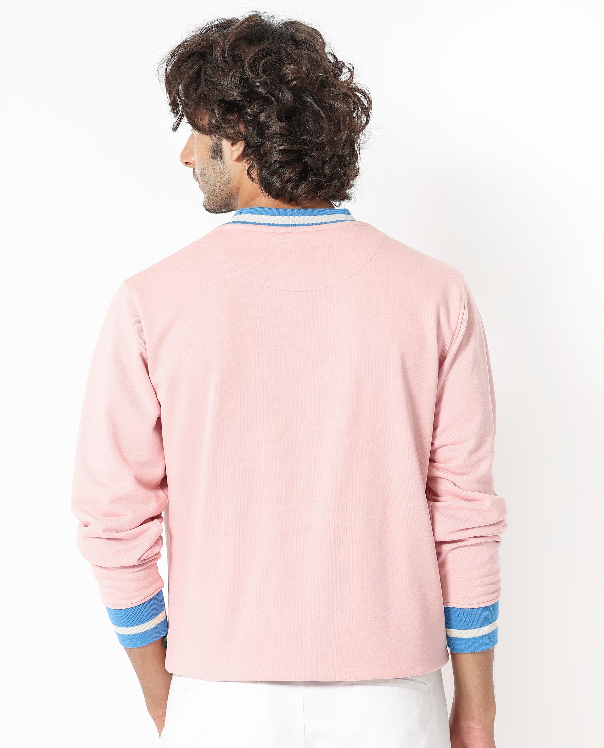Rare Rabbit Men's Cancet Light Pink Cotton Polyester Fabric Full Sleeves Contrast Stripe Detail Sweatshirt