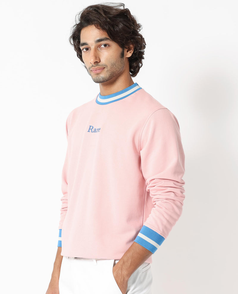 Rare Rabbit Men's Cancet Light Pink Cotton Polyester Fabric Full Sleeves Contrast Stripe Detail Sweatshirt