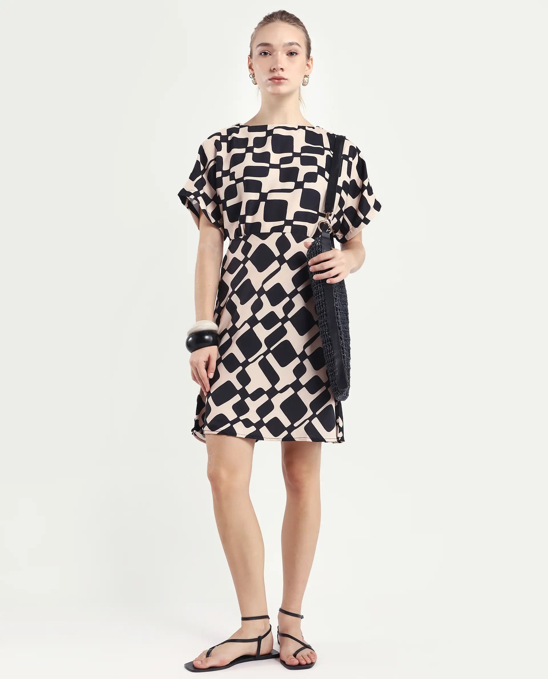 Rareism Women's Cancun Black Twill Boat Neck Geometric Print Extended Sleeves Mini Straight Fit Dress