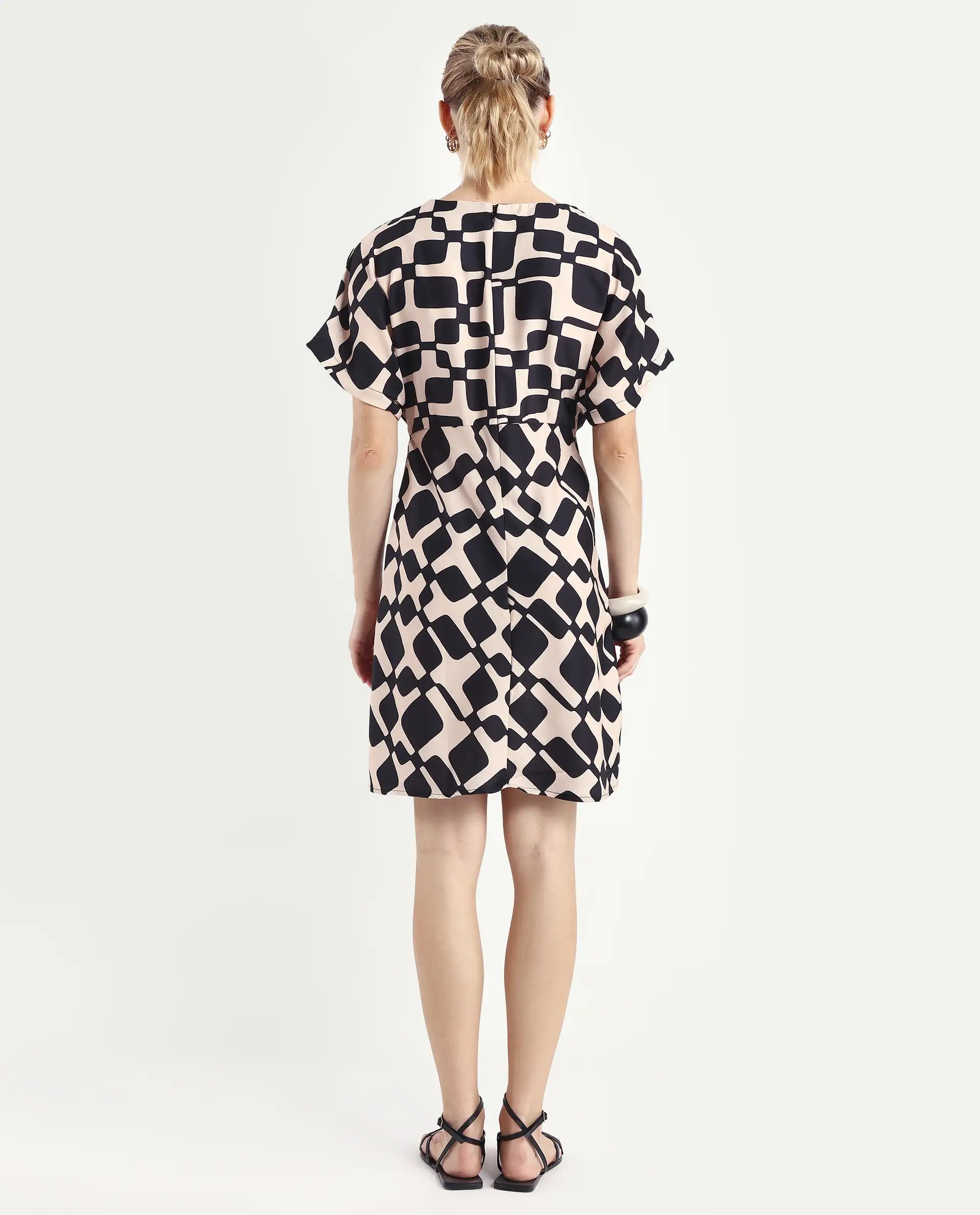 Rareism Women's Cancun Black Twill Boat Neck Geometric Print Extended Sleeves Mini Straight Fit Dress