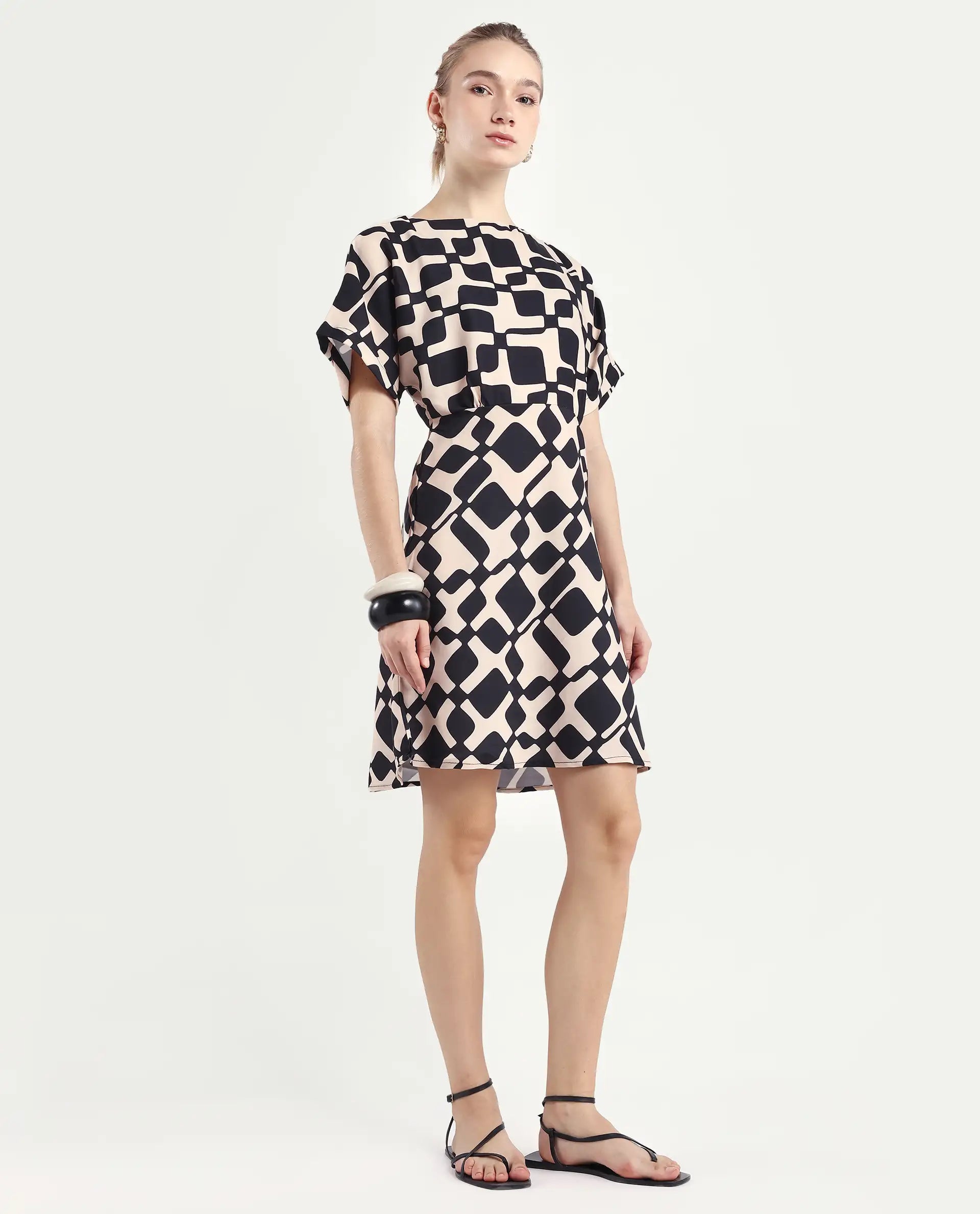 Rareism Women's Cancun Black Twill Boat Neck Geometric Print Extended Sleeves Mini Straight Fit Dress