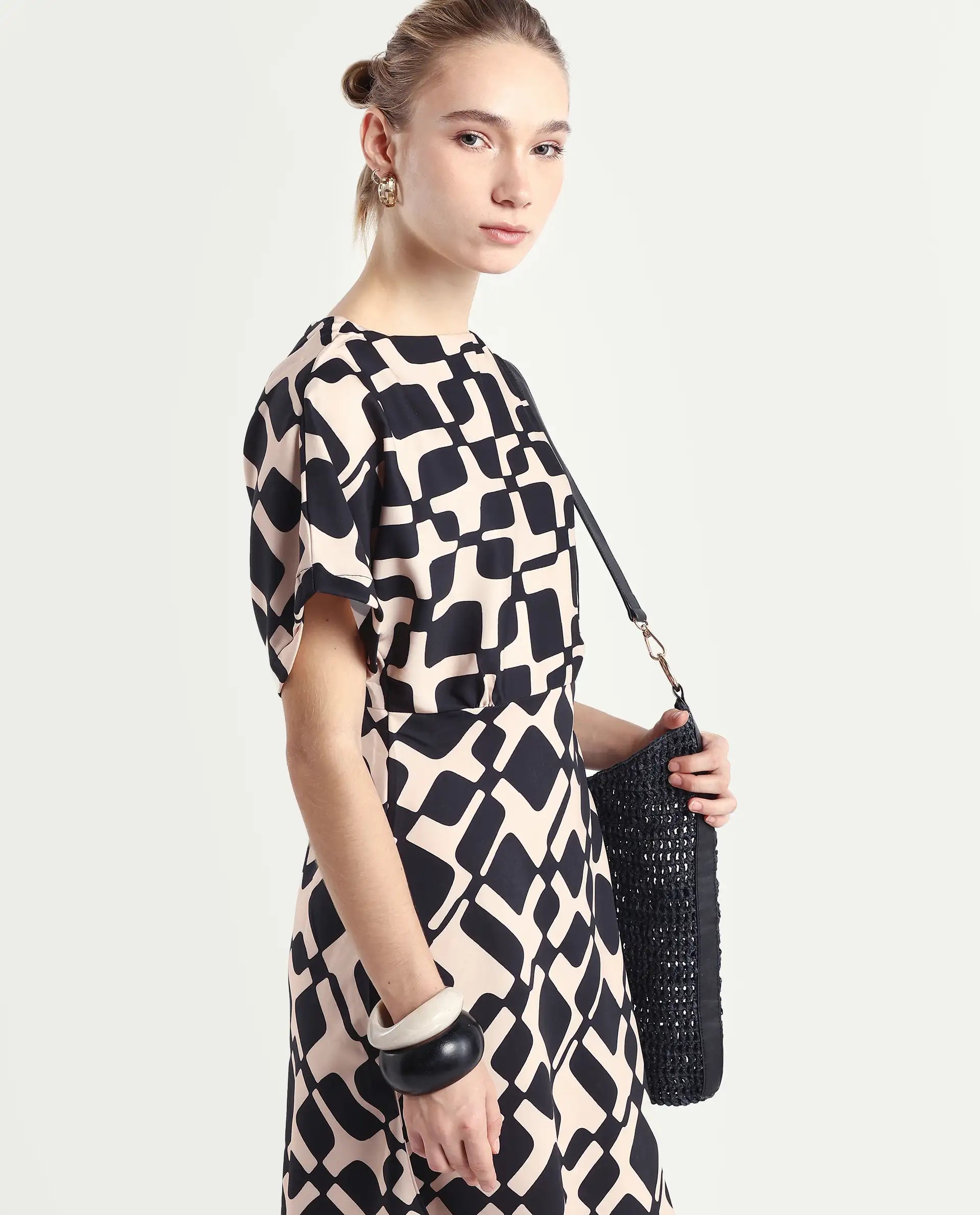 Rareism Women's Cancun Black Twill Boat Neck Geometric Print Extended Sleeves Mini Straight Fit Dress