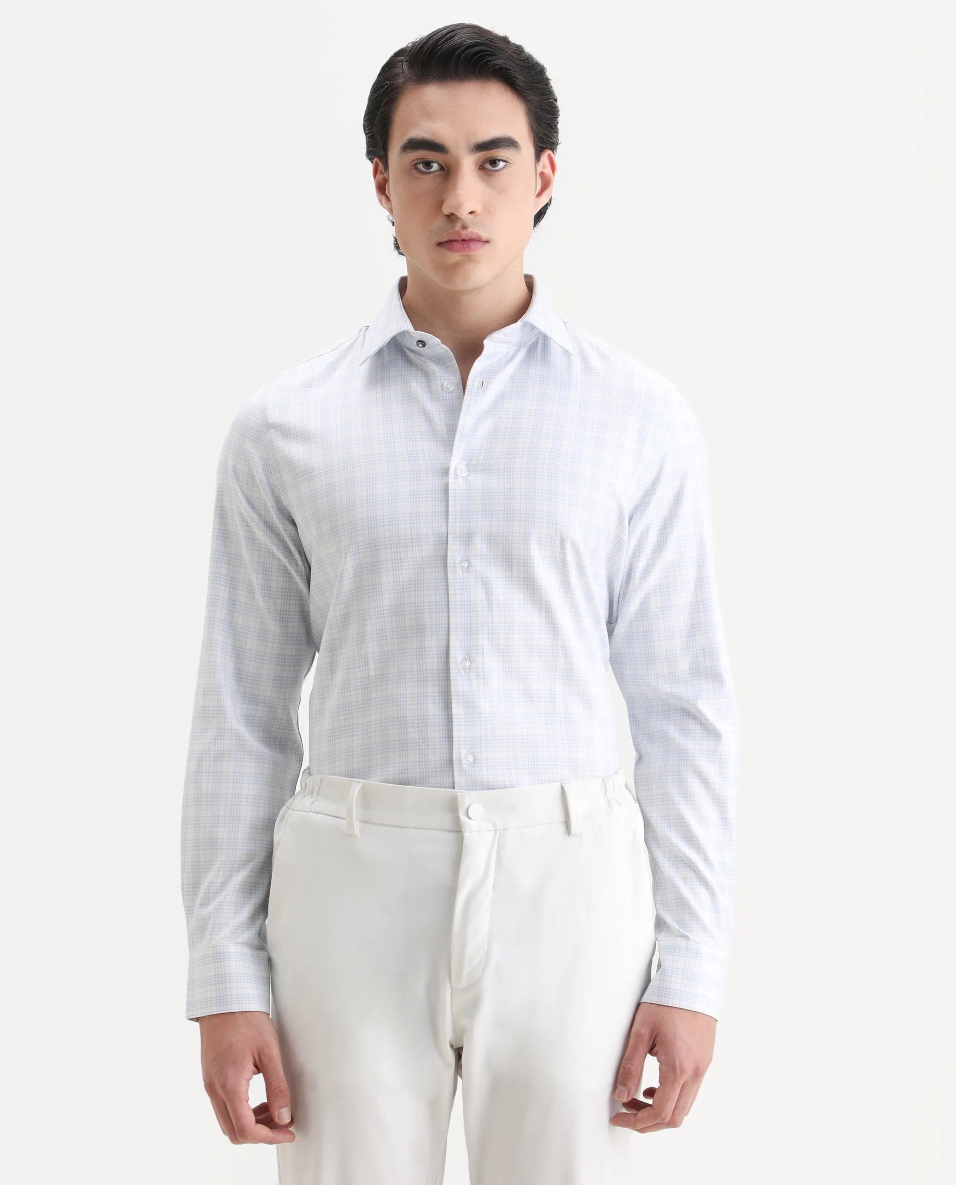 Rare Rabbit Men's Canis-25 Blue Cotton Blend Spread Collar Regular Fit Checked Shirt