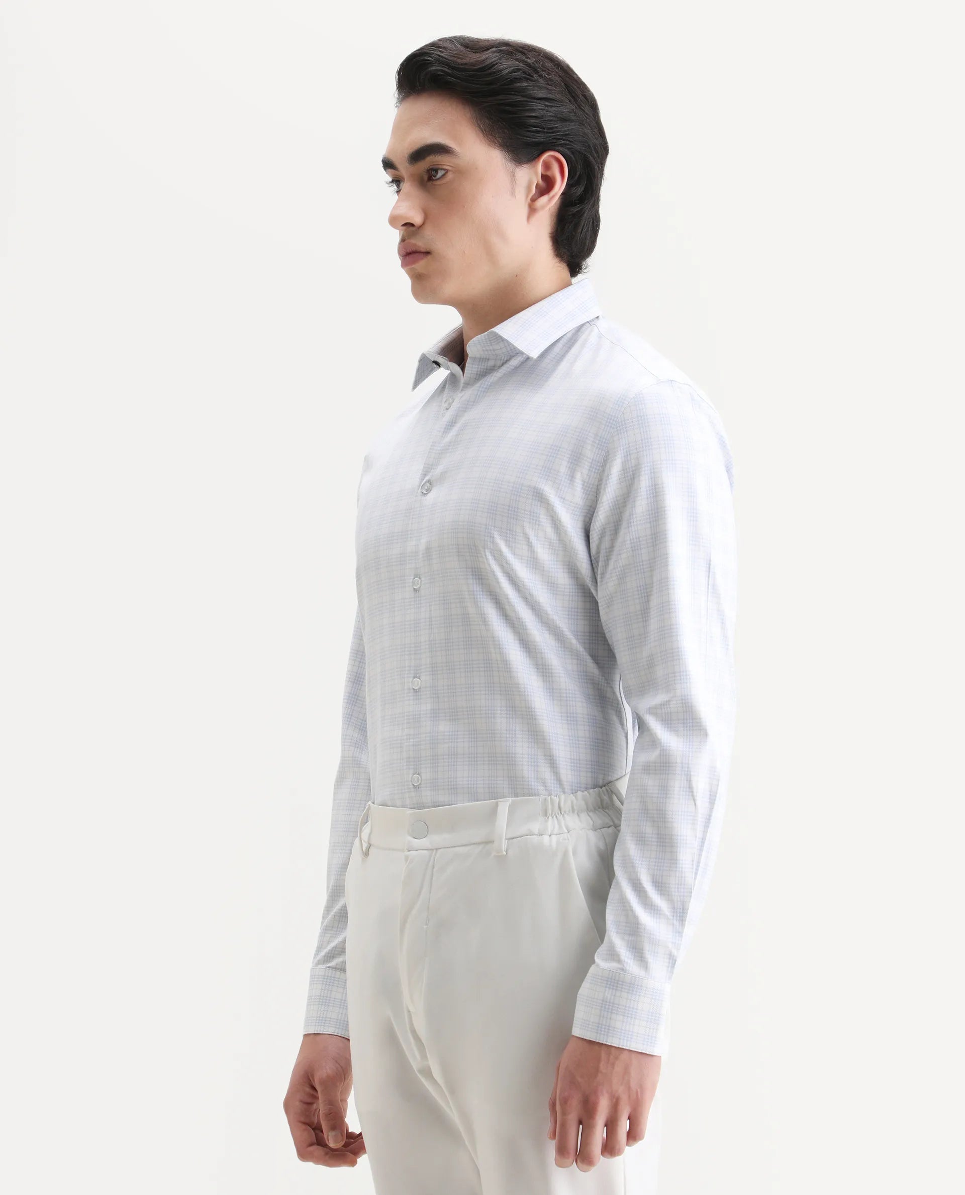 Rare Rabbit Men's Canis-25 Blue Cotton Blend Spread Collar Regular Fit Checked Shirt