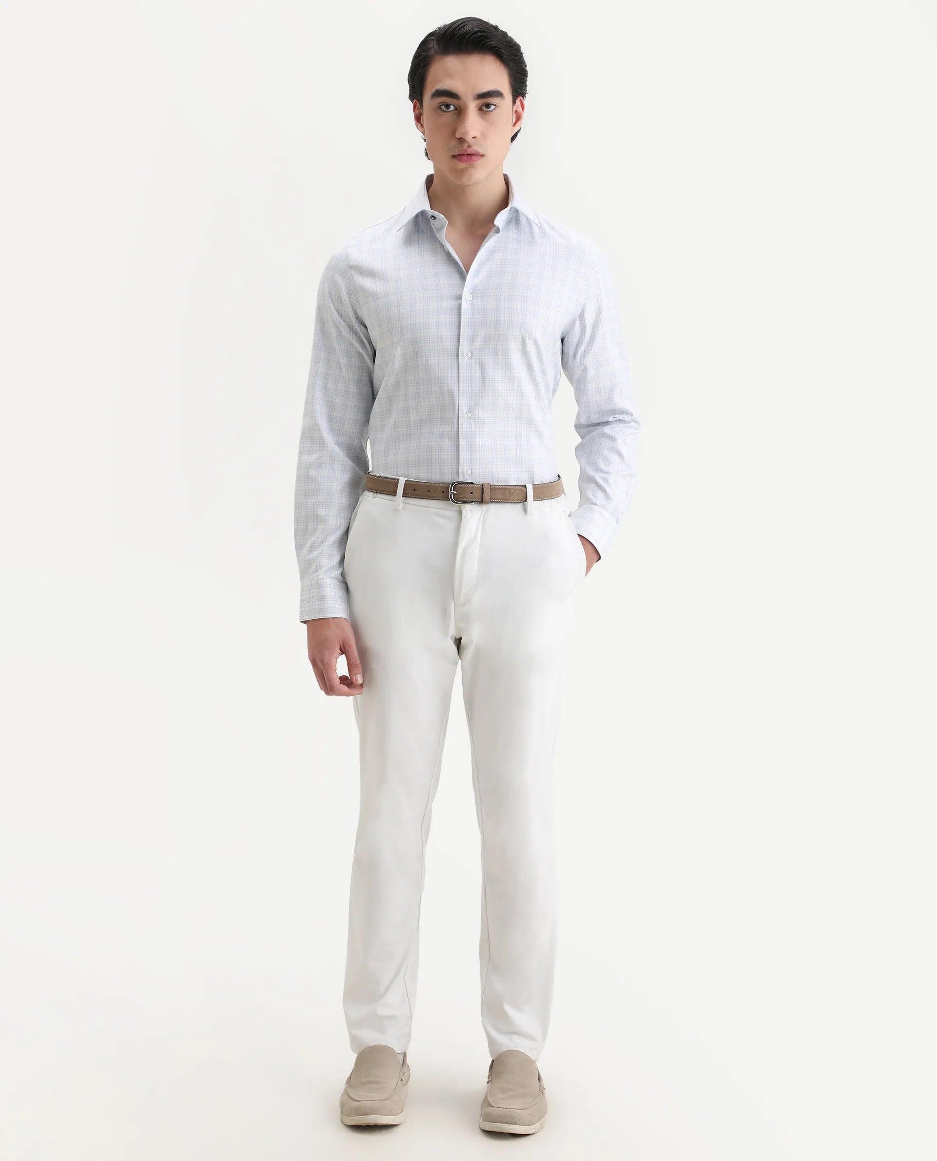 Rare Rabbit Men's Canis-25 Blue Cotton Blend Spread Collar Regular Fit Checked Shirt