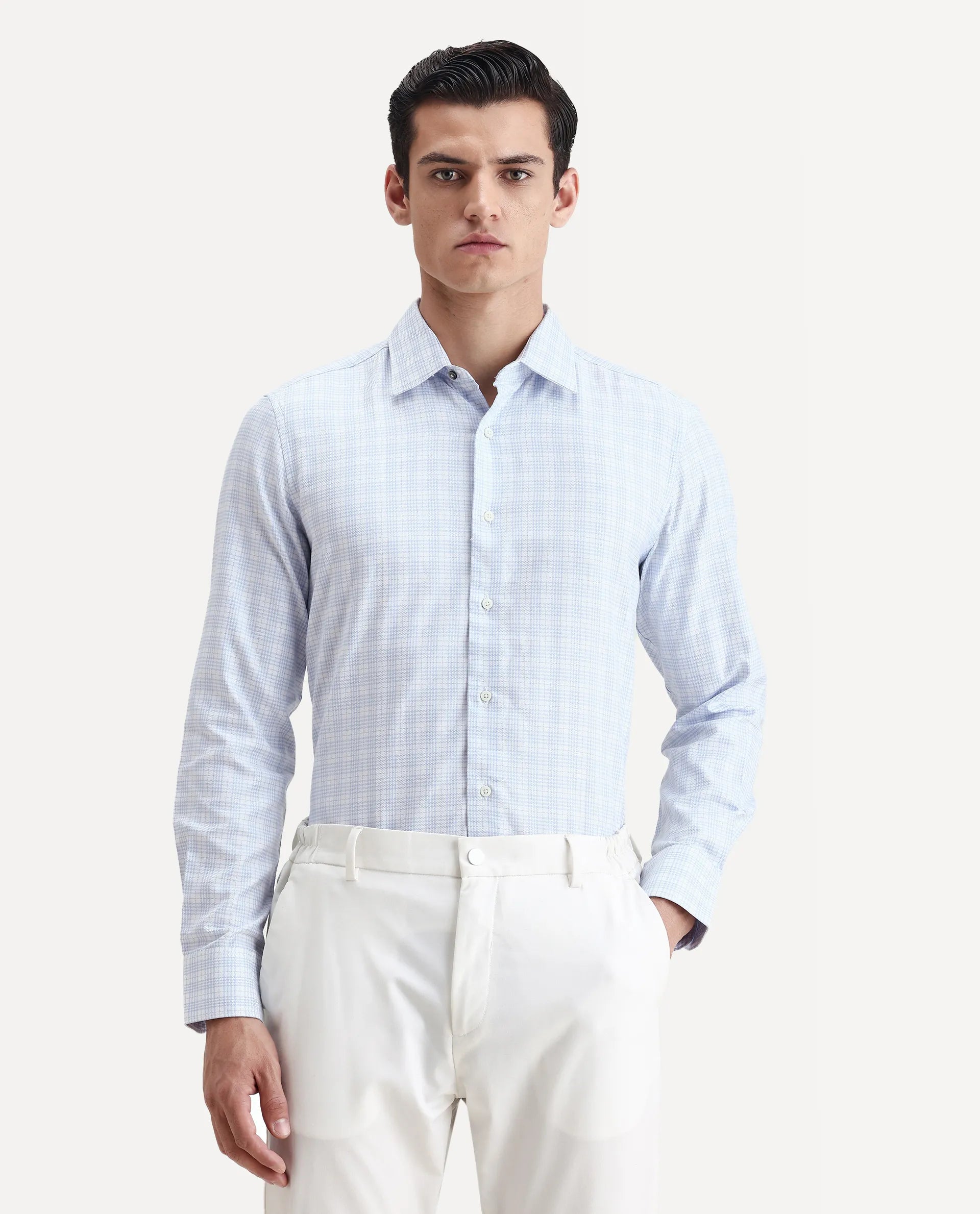 Rare Rabbit Men's Canis Light Blue Cotton Checked Print Regular Fit Full Sleeve Collared Shirt