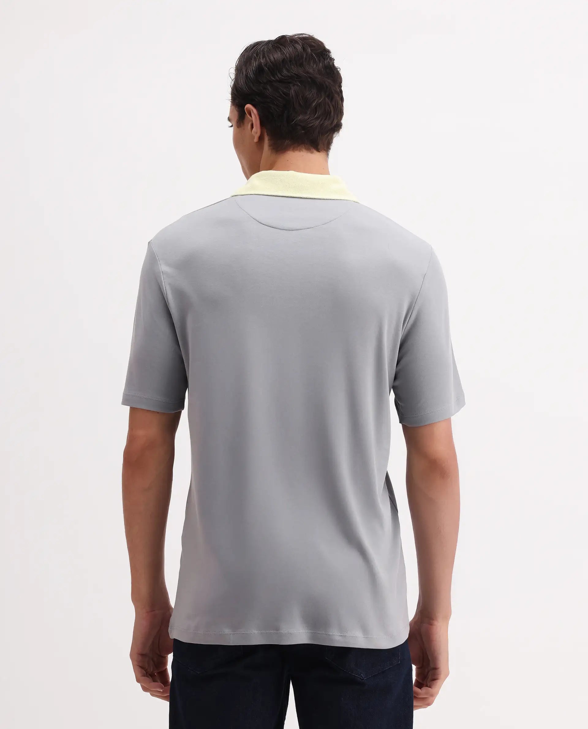 Rare Rabbit Men's Canot Grey Cotton Plain Regular Fit Half Sleeve Polo