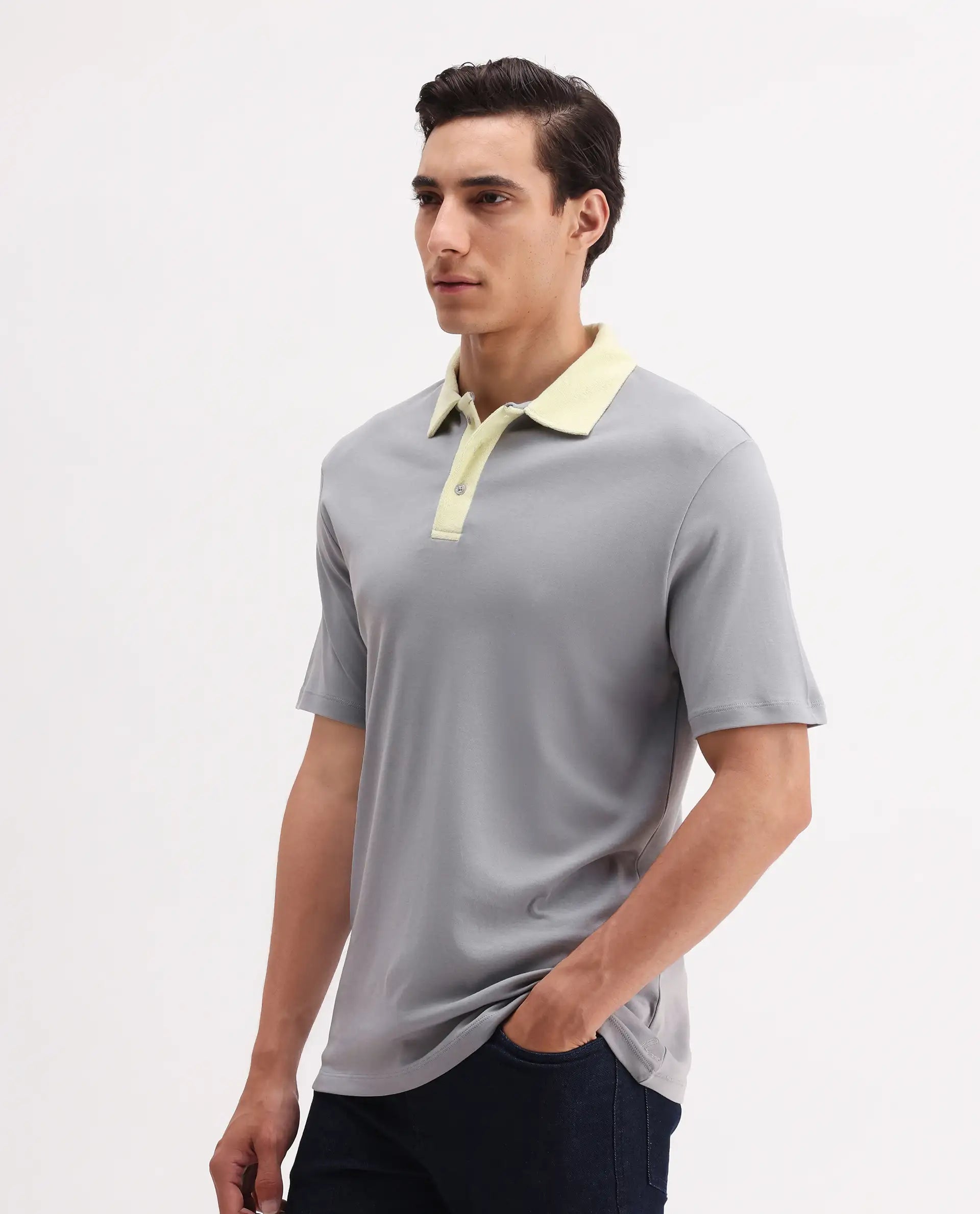 Rare Rabbit Men's Canot Grey Cotton Plain Regular Fit Half Sleeve Polo