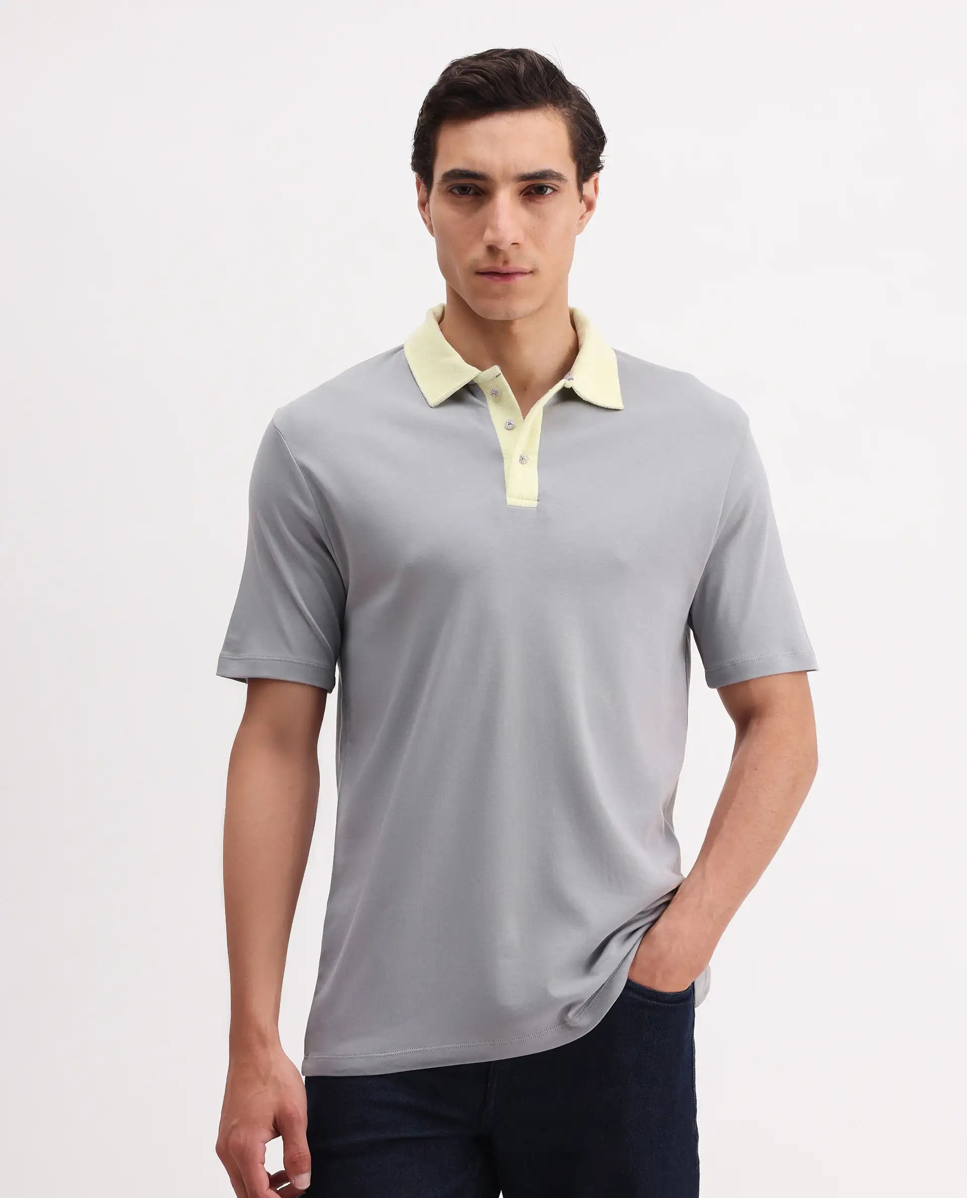 Rare Rabbit Men's Canot Grey Cotton Plain Regular Fit Half Sleeve Polo