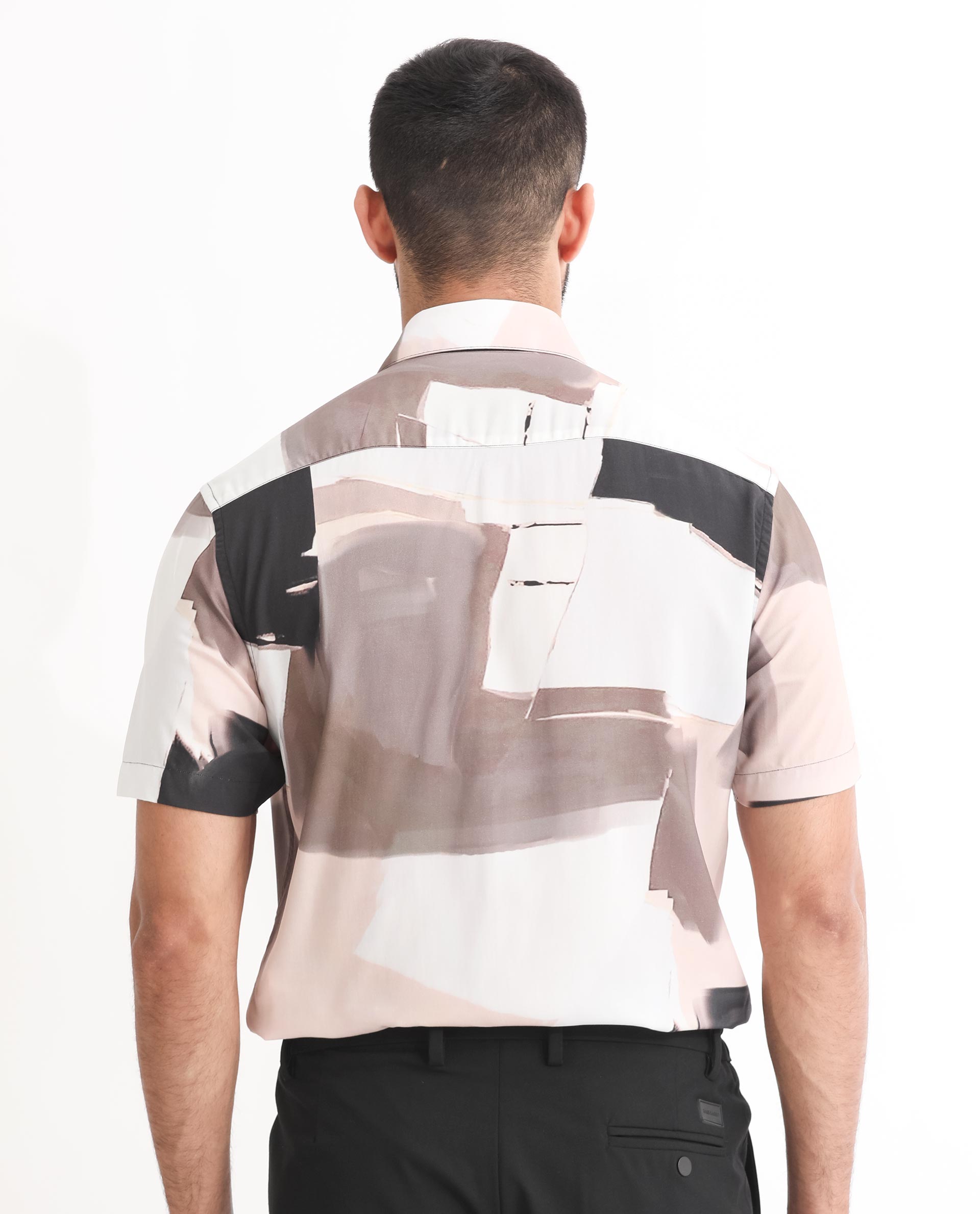 Rare Rabbit Men's Canvas Beige Viscose Fabric Collared Neck Half Sleeves Abstract Print Shirt