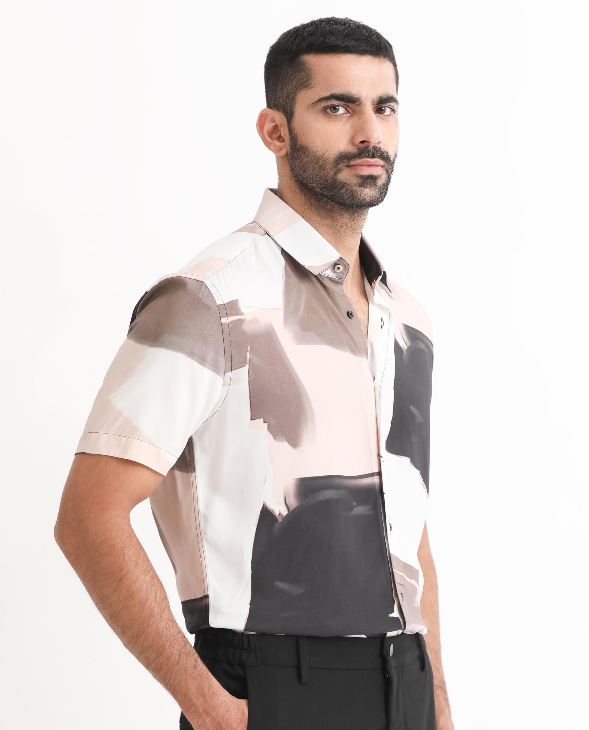 Rare Rabbit Men's Canvas Beige Viscose Fabric Collared Neck Half Sleeves Abstract Print Shirt