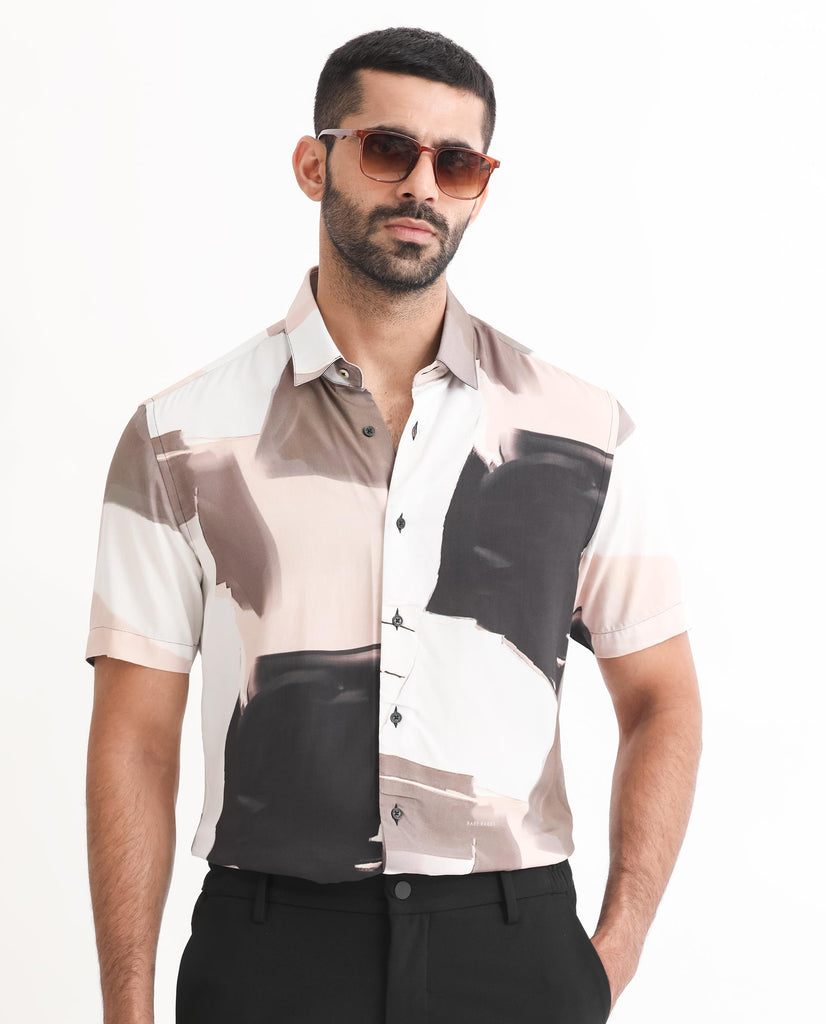 Rare Rabbit Men's Hane Beige Viscose Fabric Short Sleeve Boxy Fit Monogram Print Shirt