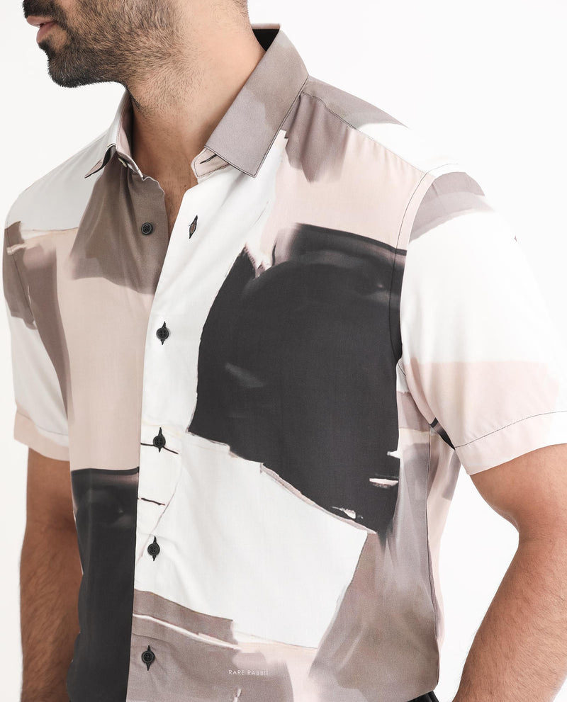 Rare Rabbit Men's Canvas Beige Viscose Fabric Collared Neck Half Sleeves Abstract Print Shirt