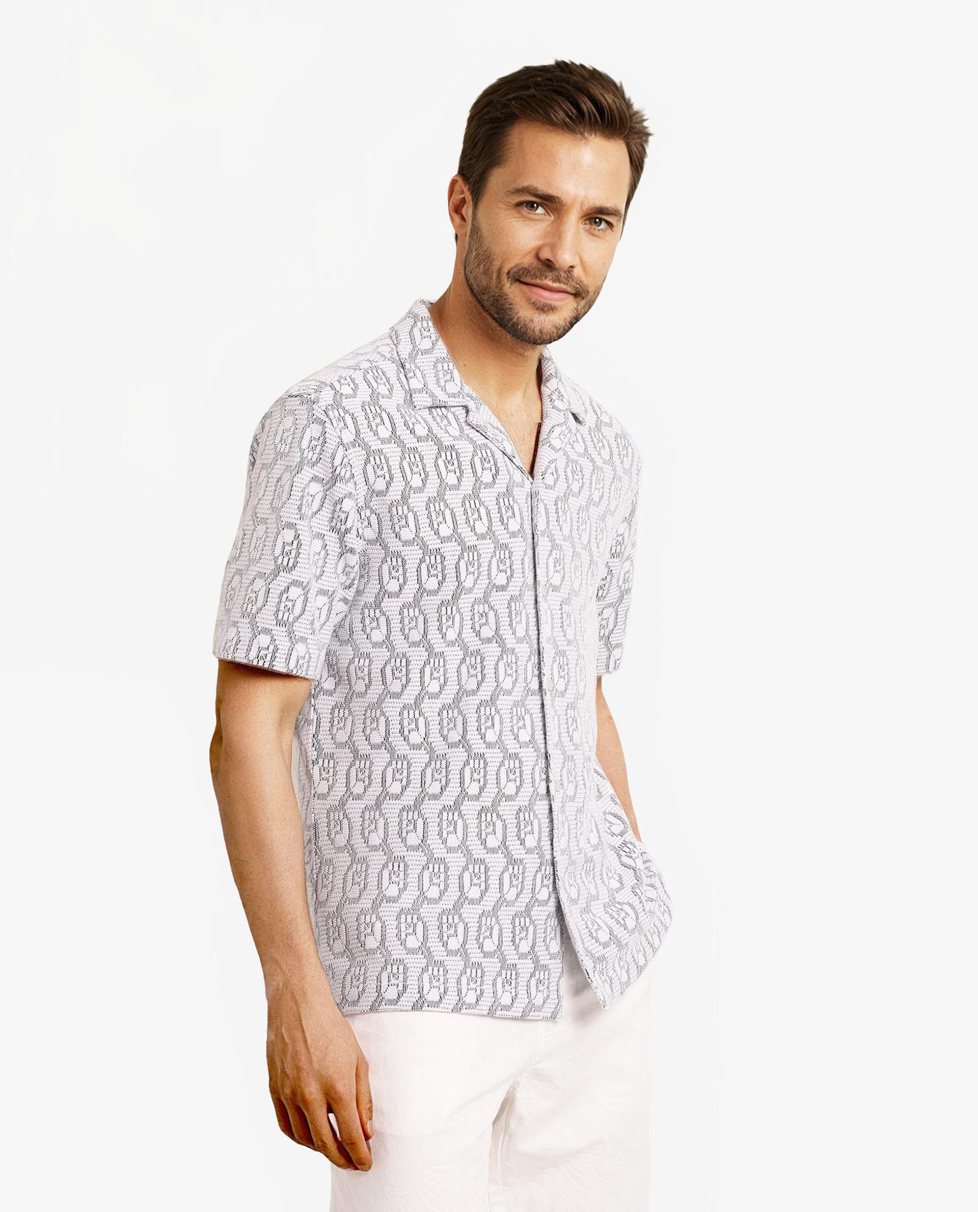 Rare Rabbit Men Canyon Off White Cotton Poly Fabric Short Sleeve Geometric Print Jacquard Shirt