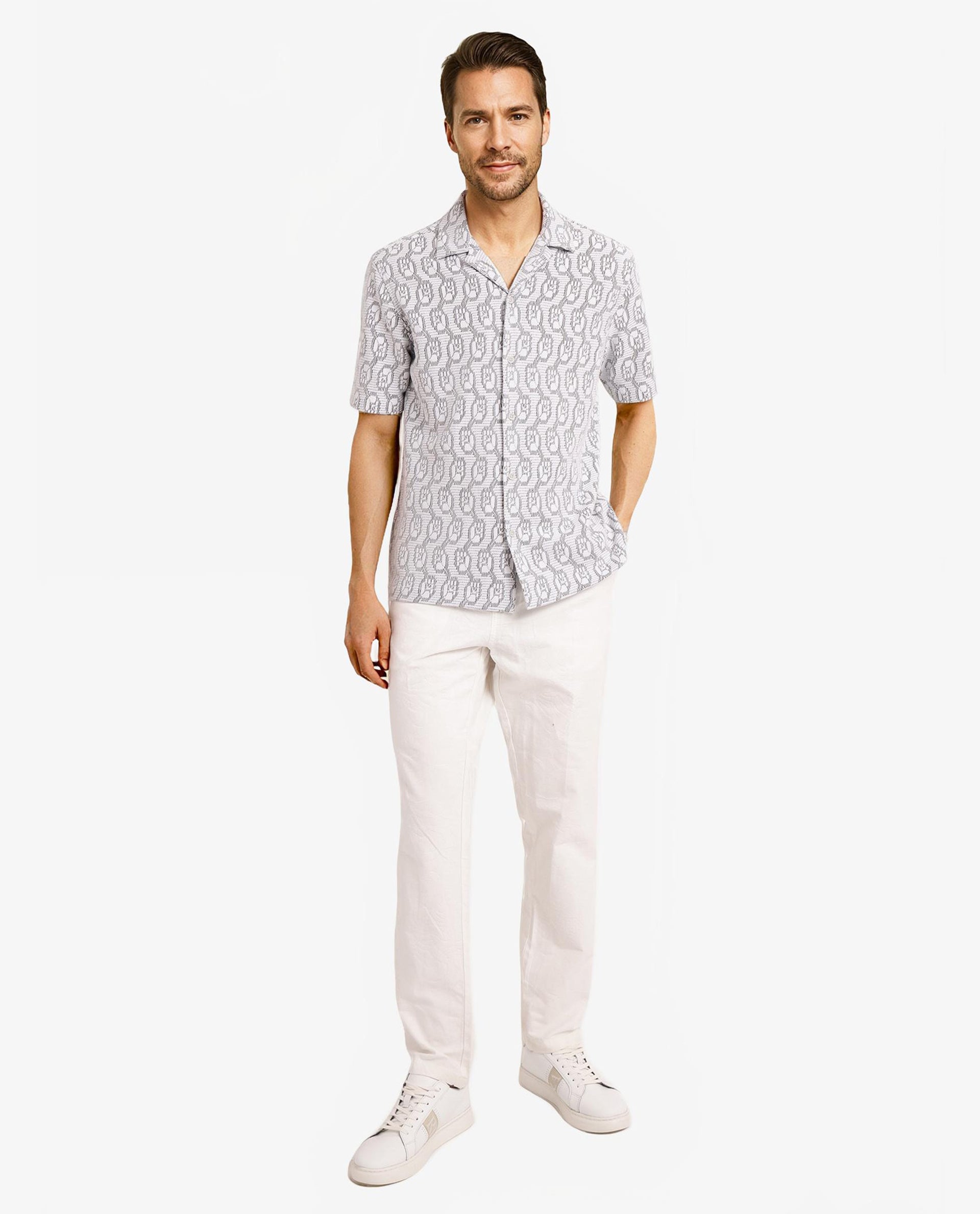 Rare Rabbit Men Canyon Off White Cotton Poly Fabric Short Sleeve Geometric Print Jacquard Shirt