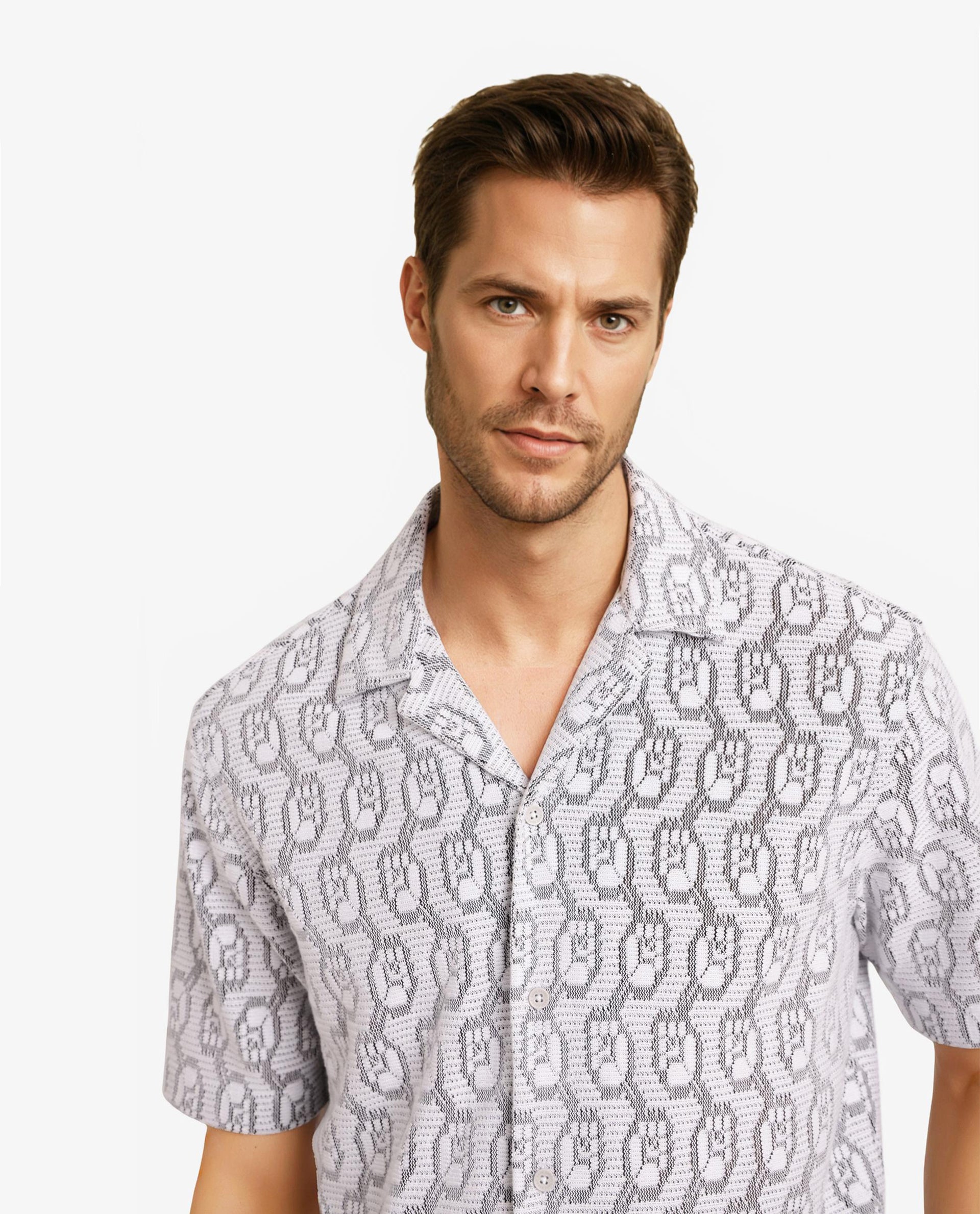 Rare Rabbit Men Canyon Off White Cotton Poly Fabric Short Sleeve Geometric Print Jacquard Shirt