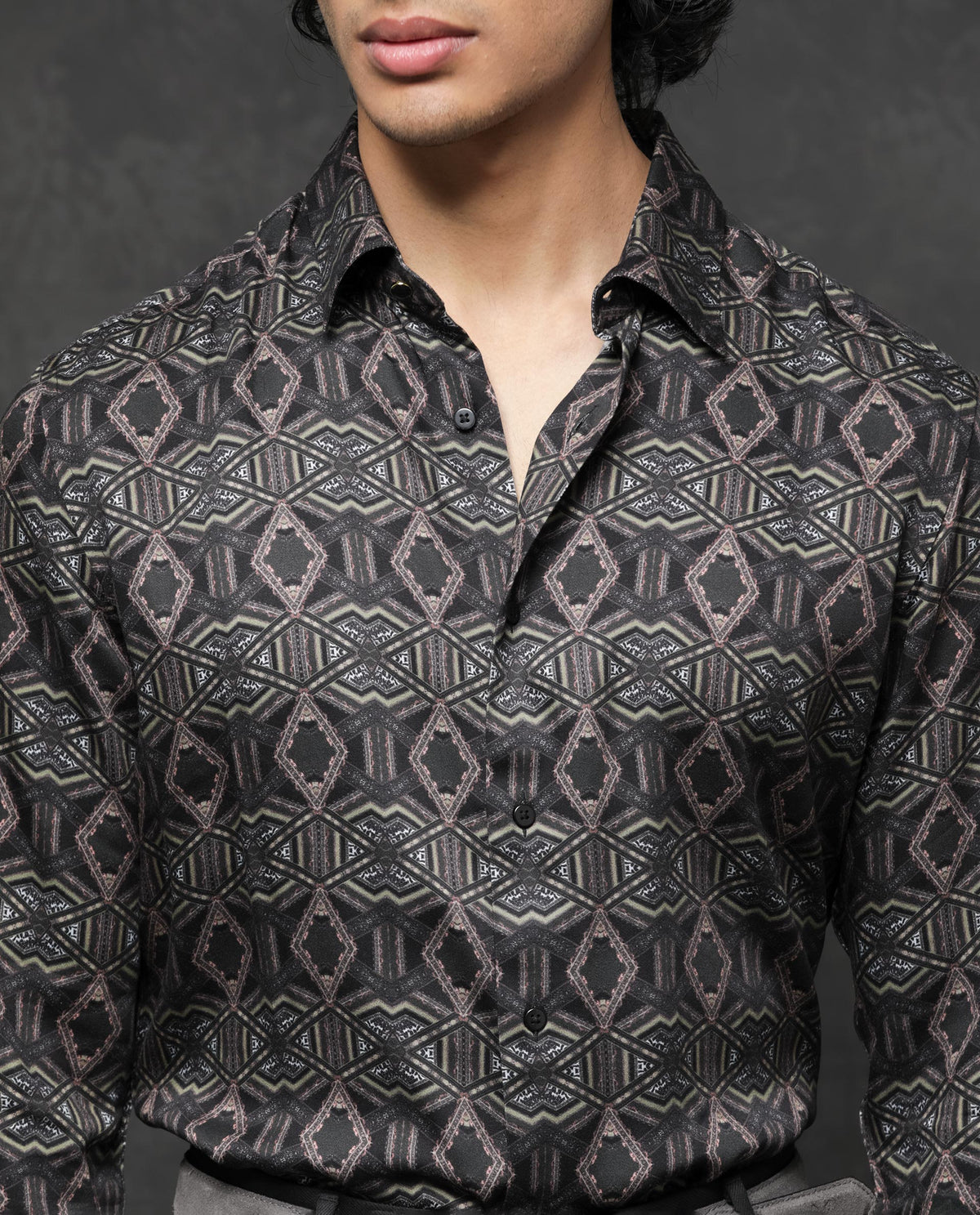 Rare Rabbit Men's Capel Black Viscose Fabric Full Sleeves Abstract Geo