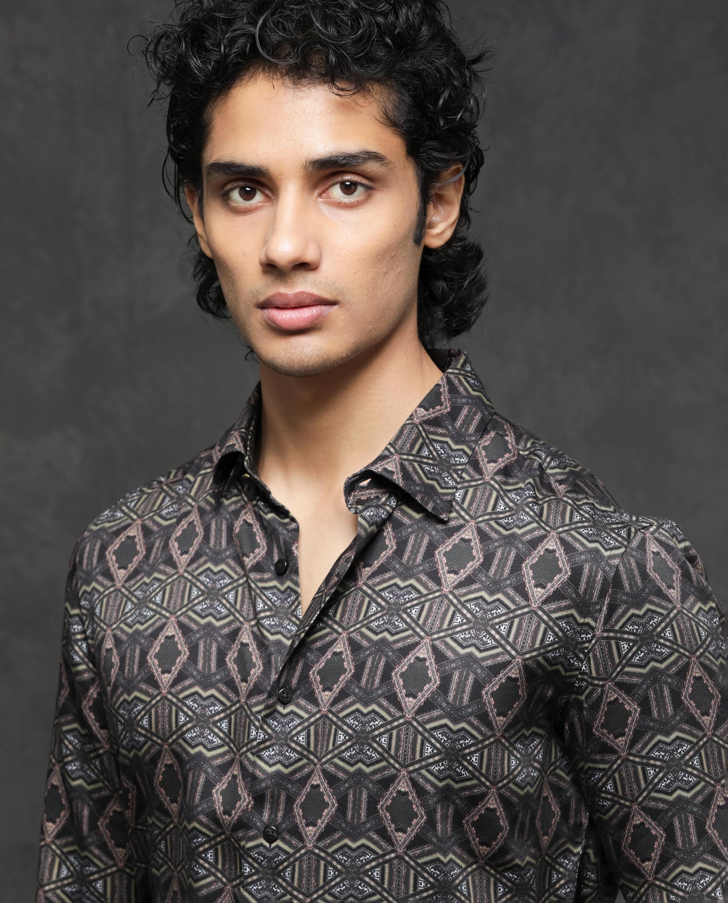 Rare Rabbit Men's Capel Black Viscose Fabric Full Sleeves Abstract Geo