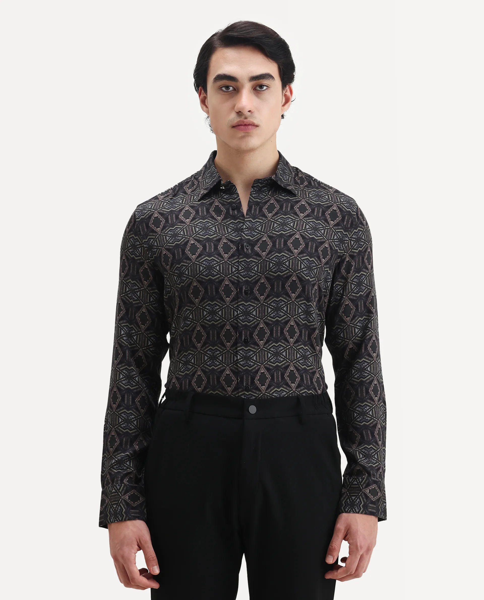 Rare Rabbit Men's Guild Statement Capel Black Viscose Geometric Print Regular Fit Full Sleeve Collared Shirt