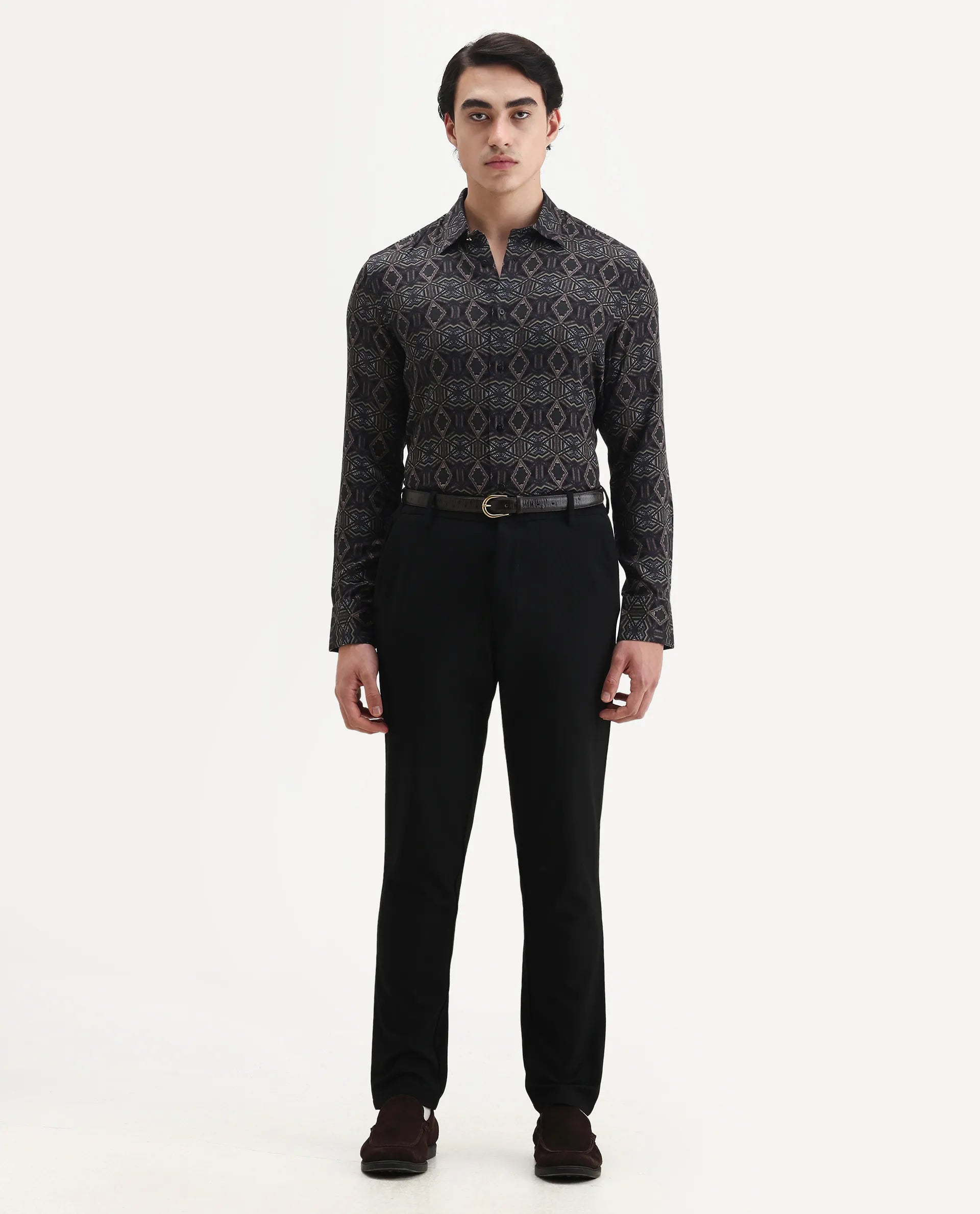 Rare Rabbit Men's Guild Statement Capel Black Viscose Geometric Print Regular Fit Full Sleeve Collared Shirt