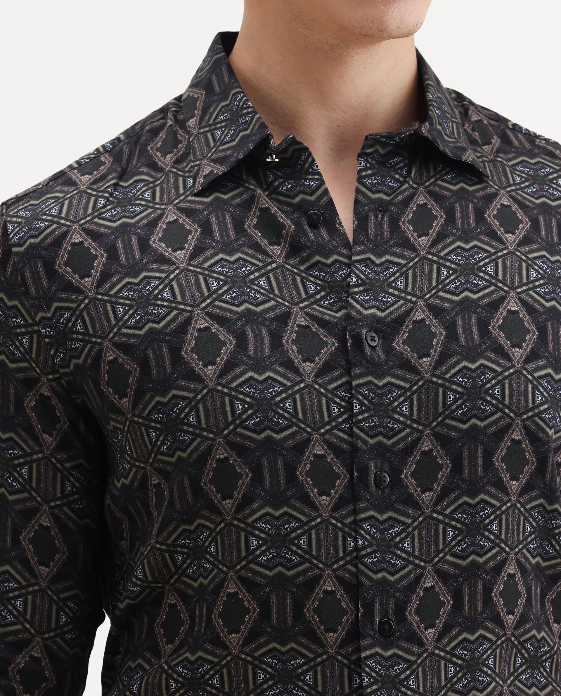 Rare Rabbit Men's Guild Statement Capel Black Viscose Geometric Print Regular Fit Full Sleeve Collared Shirt