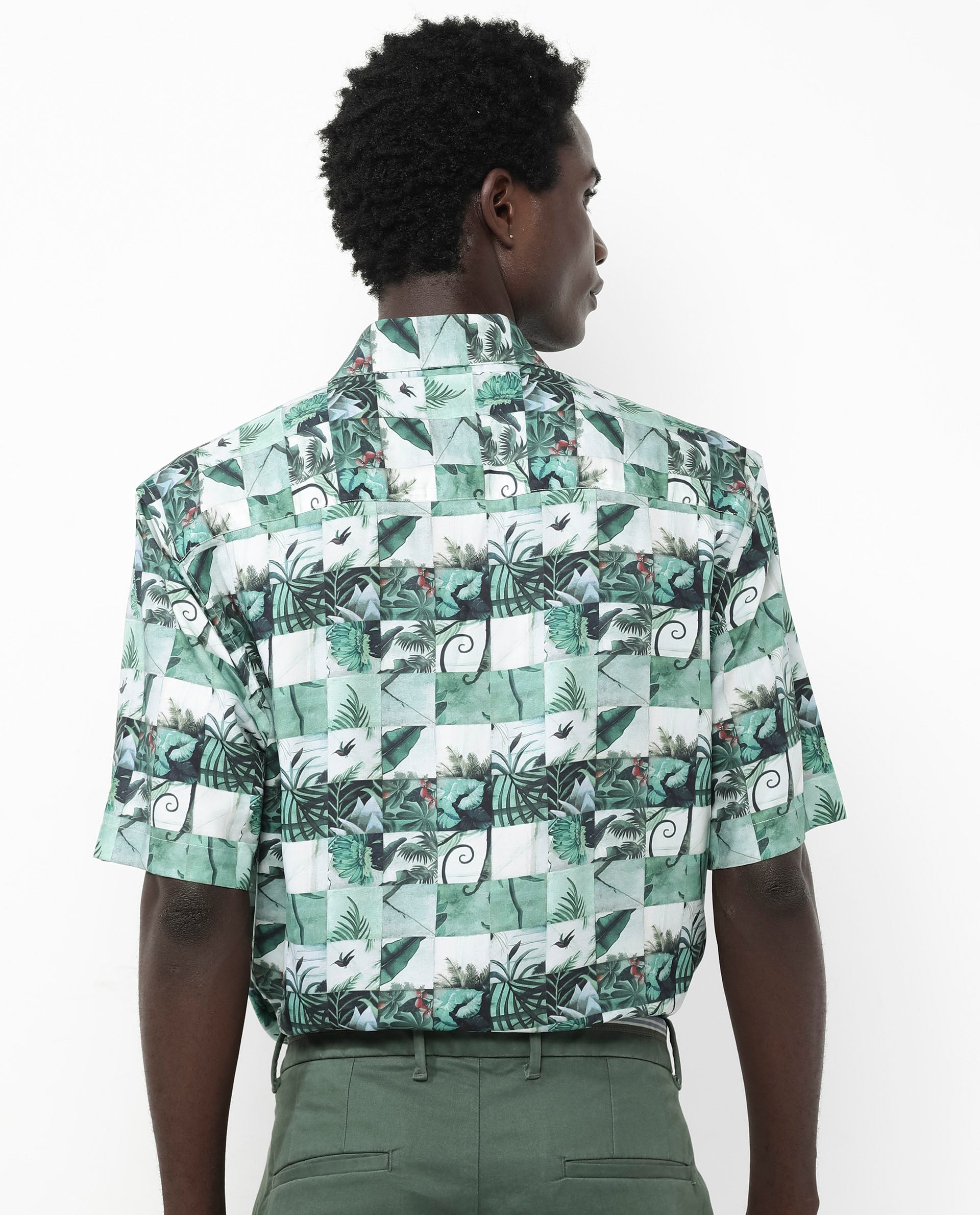 Rare Rabbit Men's Caph Green Viscose Fabric Short Sleeve Regular Fit Tropical Print Shirt