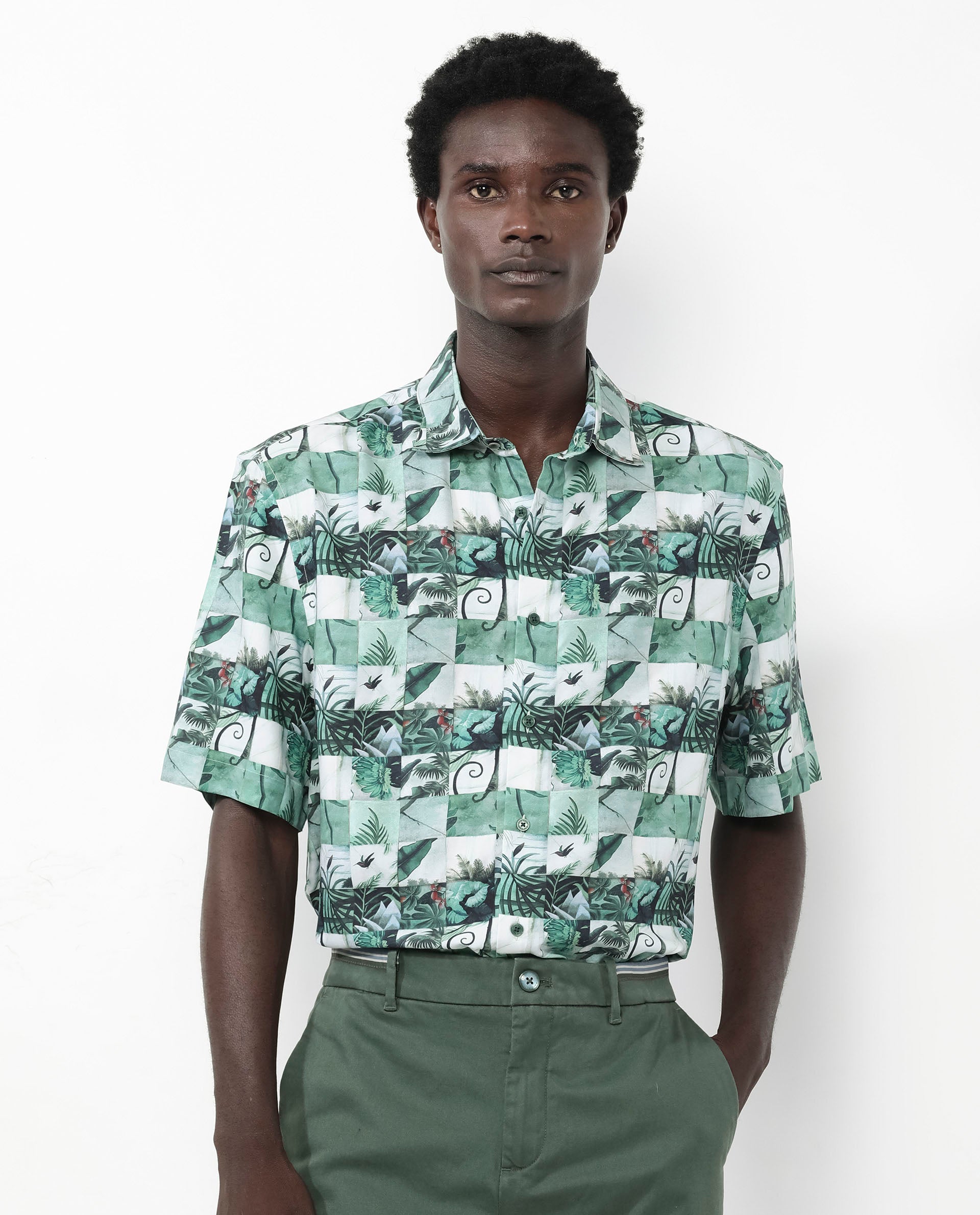 Rare Rabbit Men's Caph Green Viscose Fabric Short Sleeve Regular Fit Tropical Print Shirt