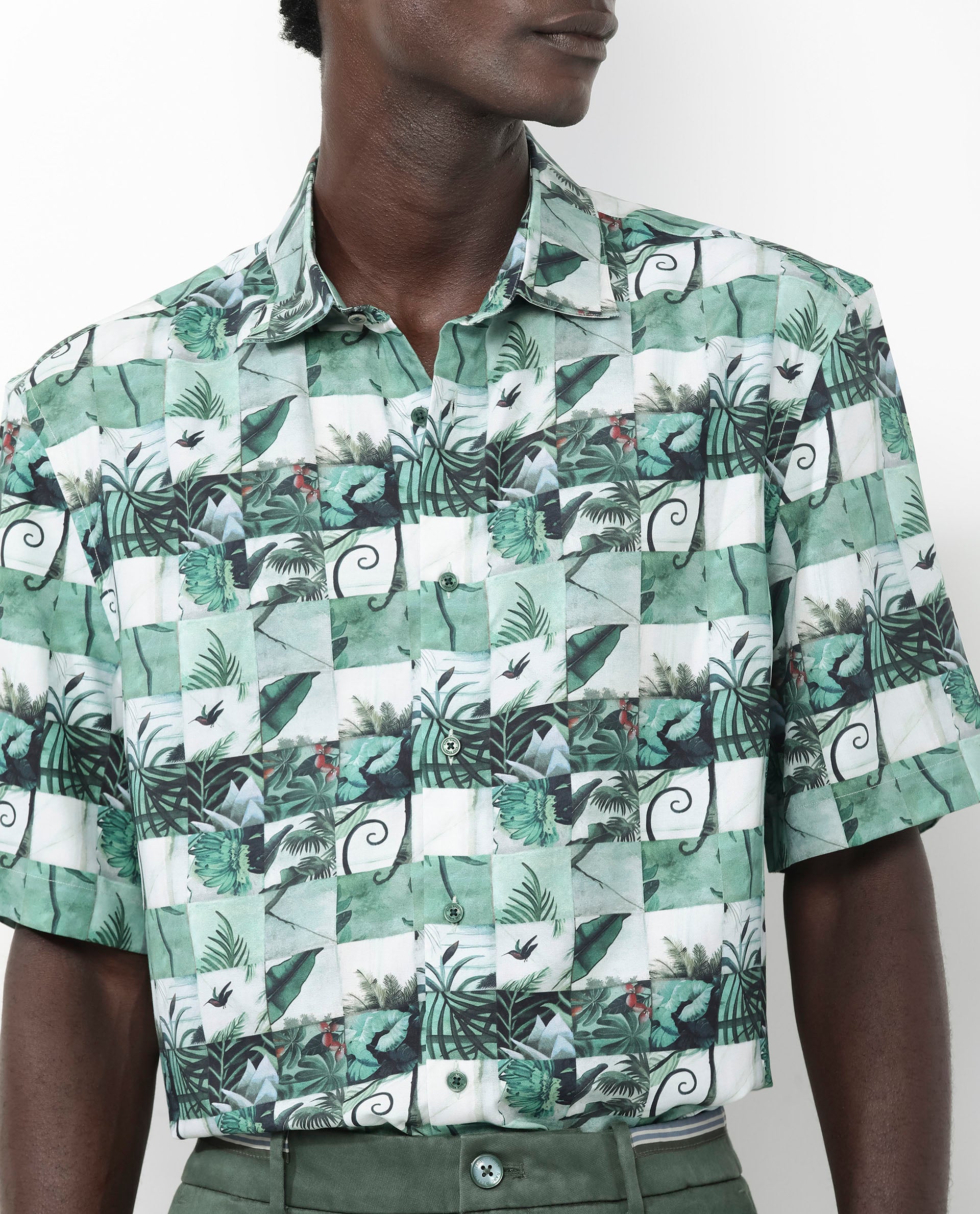 Rare Rabbit Men's Caph Green Viscose Fabric Short Sleeve Regular Fit Tropical Print Shirt