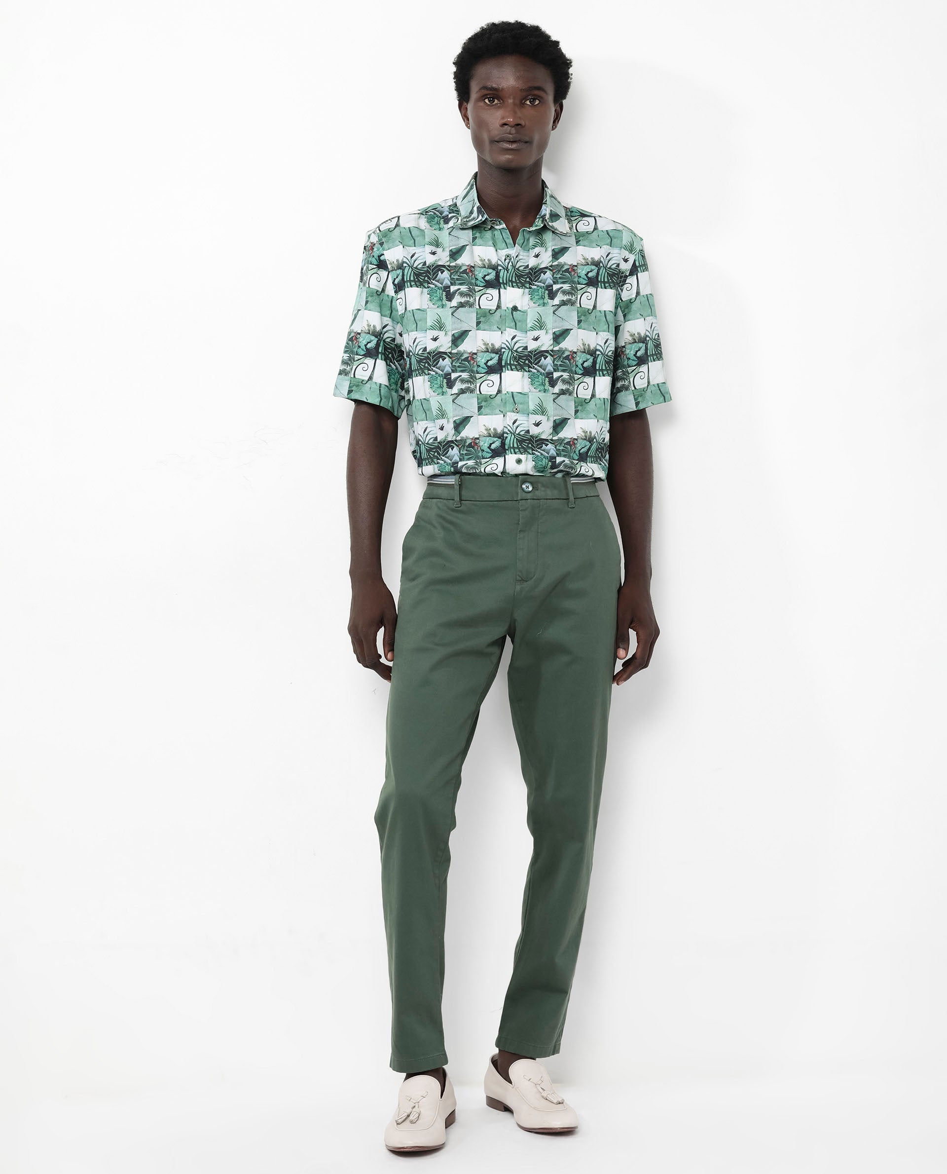 Rare Rabbit Men's Caph Green Viscose Fabric Short Sleeve Regular Fit Tropical Print Shirt