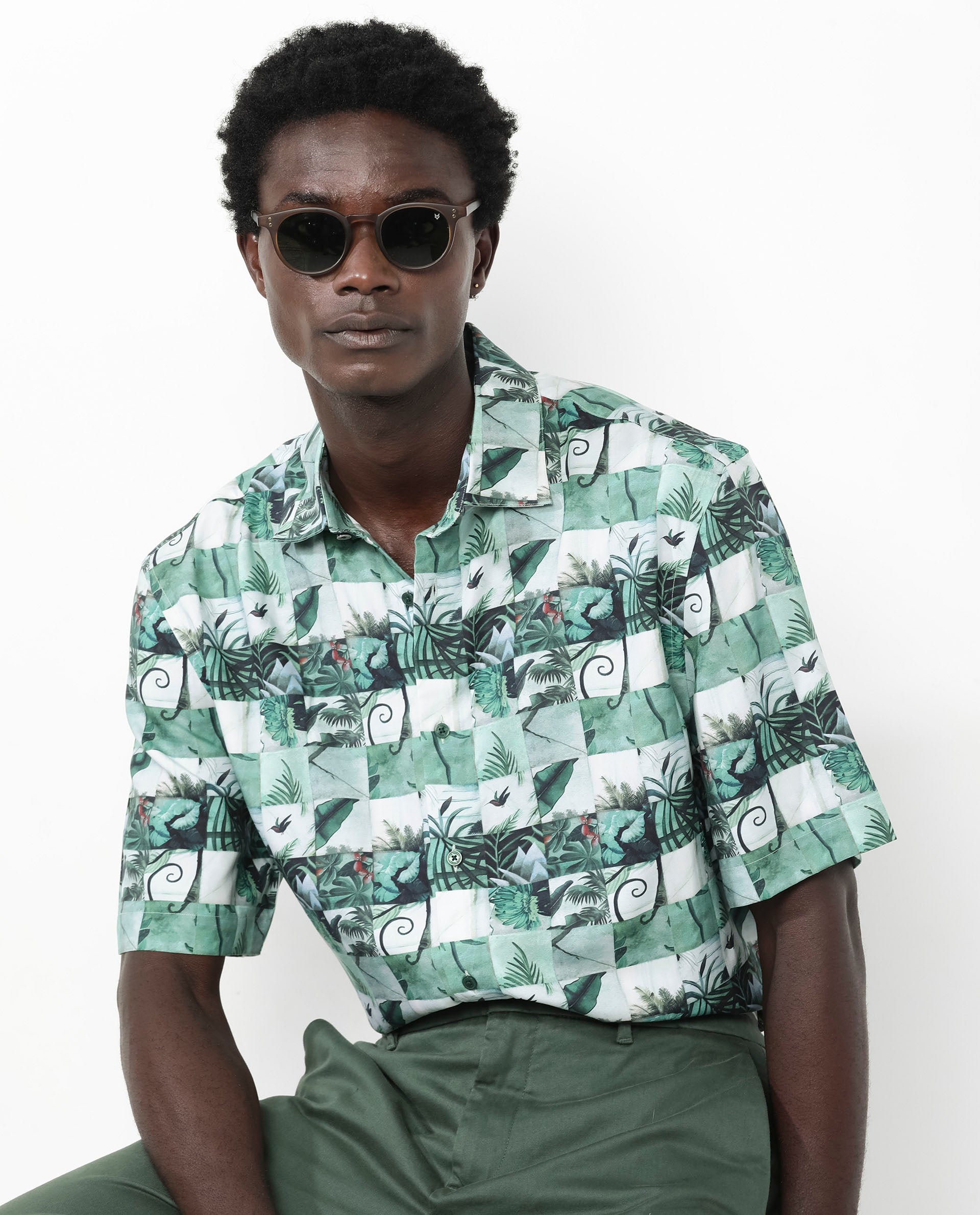 Rare Rabbit Men's Caph Green Viscose Fabric Short Sleeve Regular Fit Tropical Print Shirt
