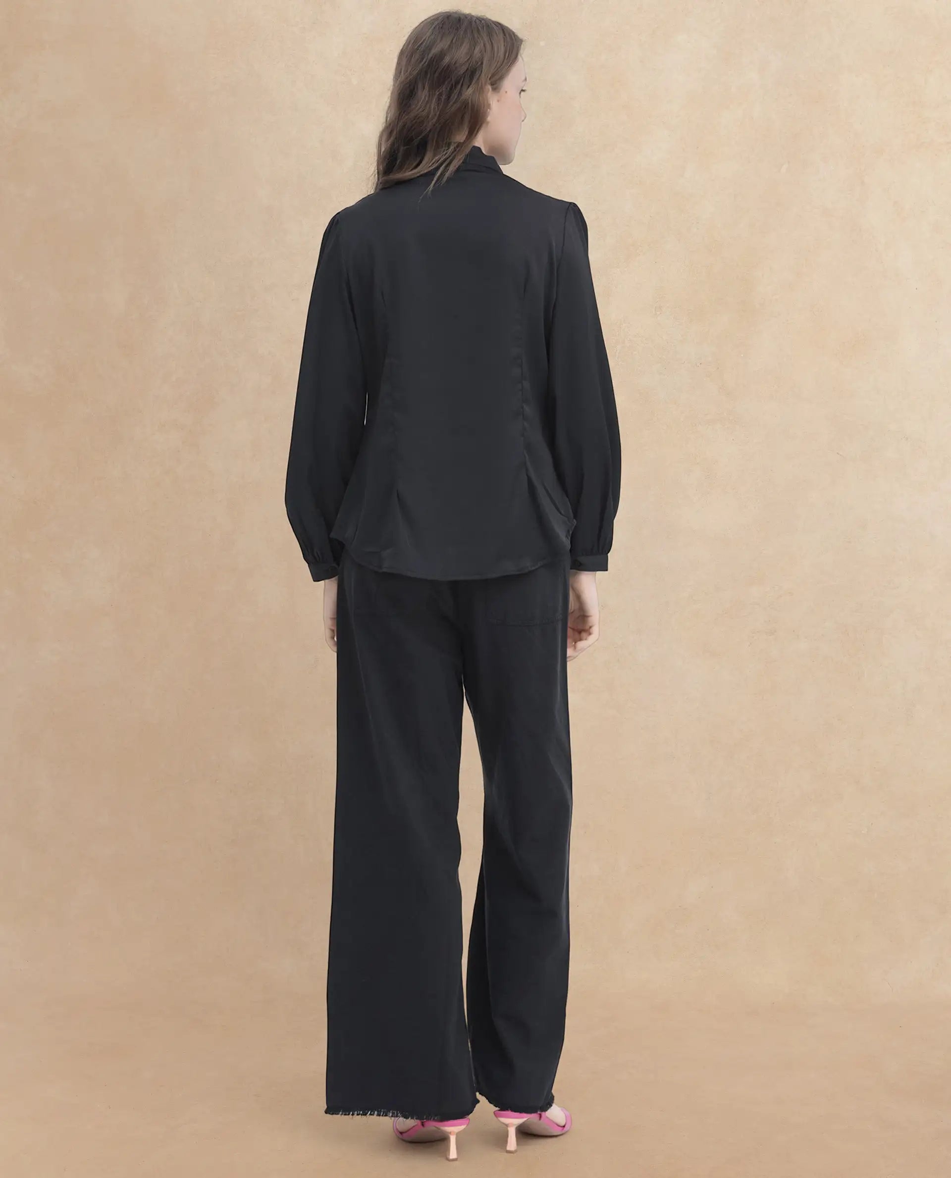 Rareism Women's Caplan Black Polyester Overlap Neck Plain Bishop Sleeve Regular Fit Top