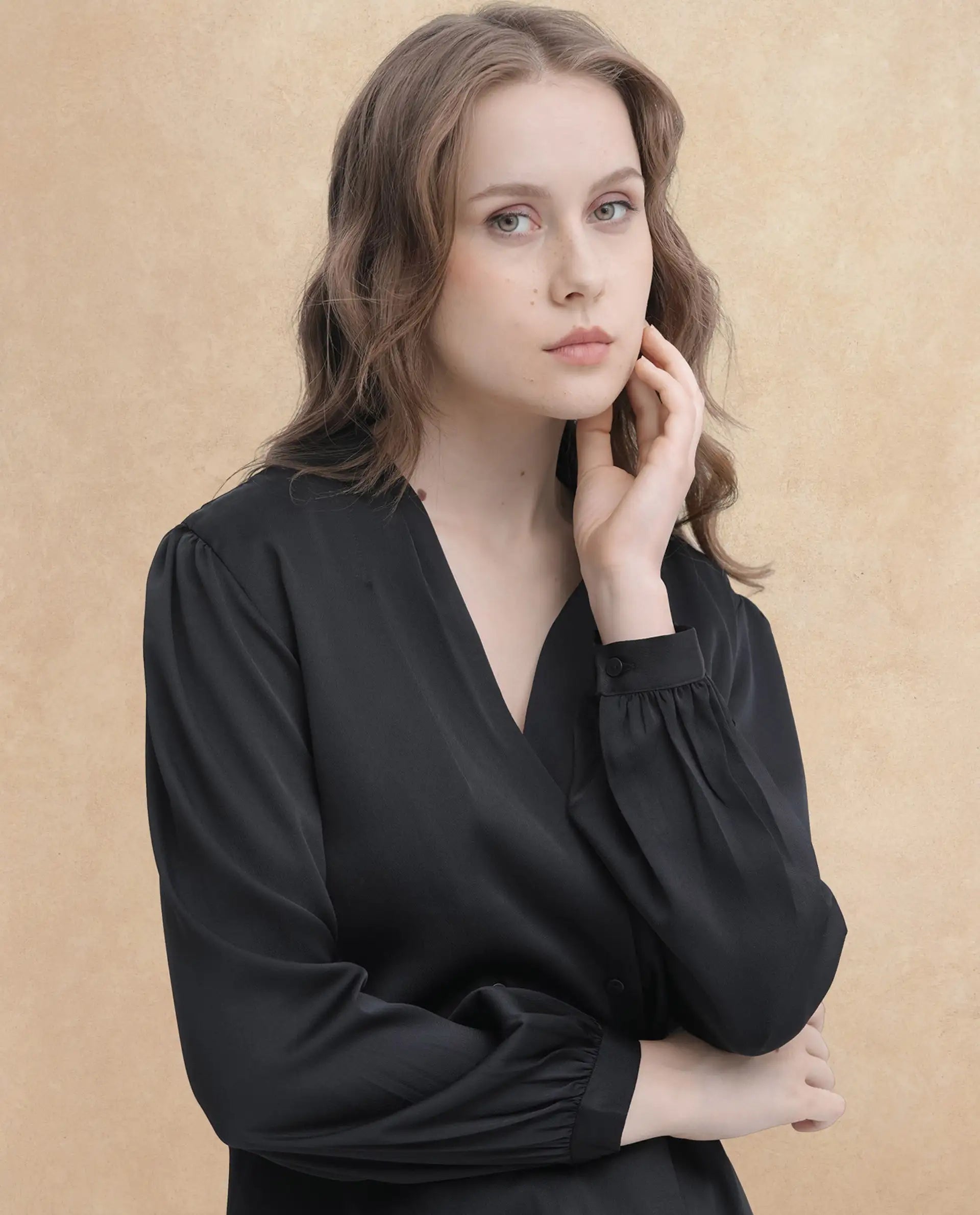 Rareism Women's Caplan Black Polyester Overlap Neck Plain Bishop Sleeve Regular Fit Top