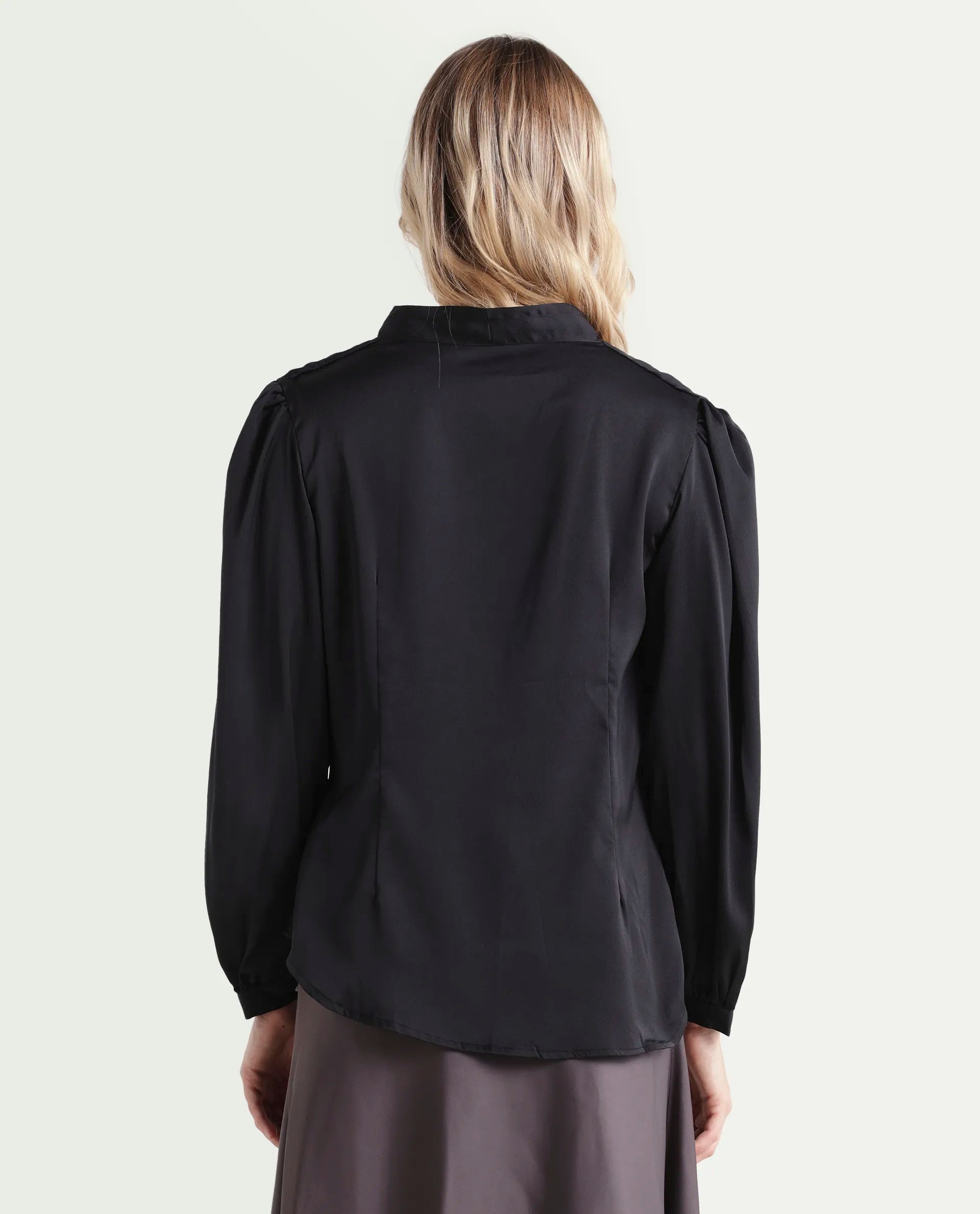 Rareism Women's Caplan Black Polyester Overlap Neck Plain Bishop Sleeve Regular Fit Top