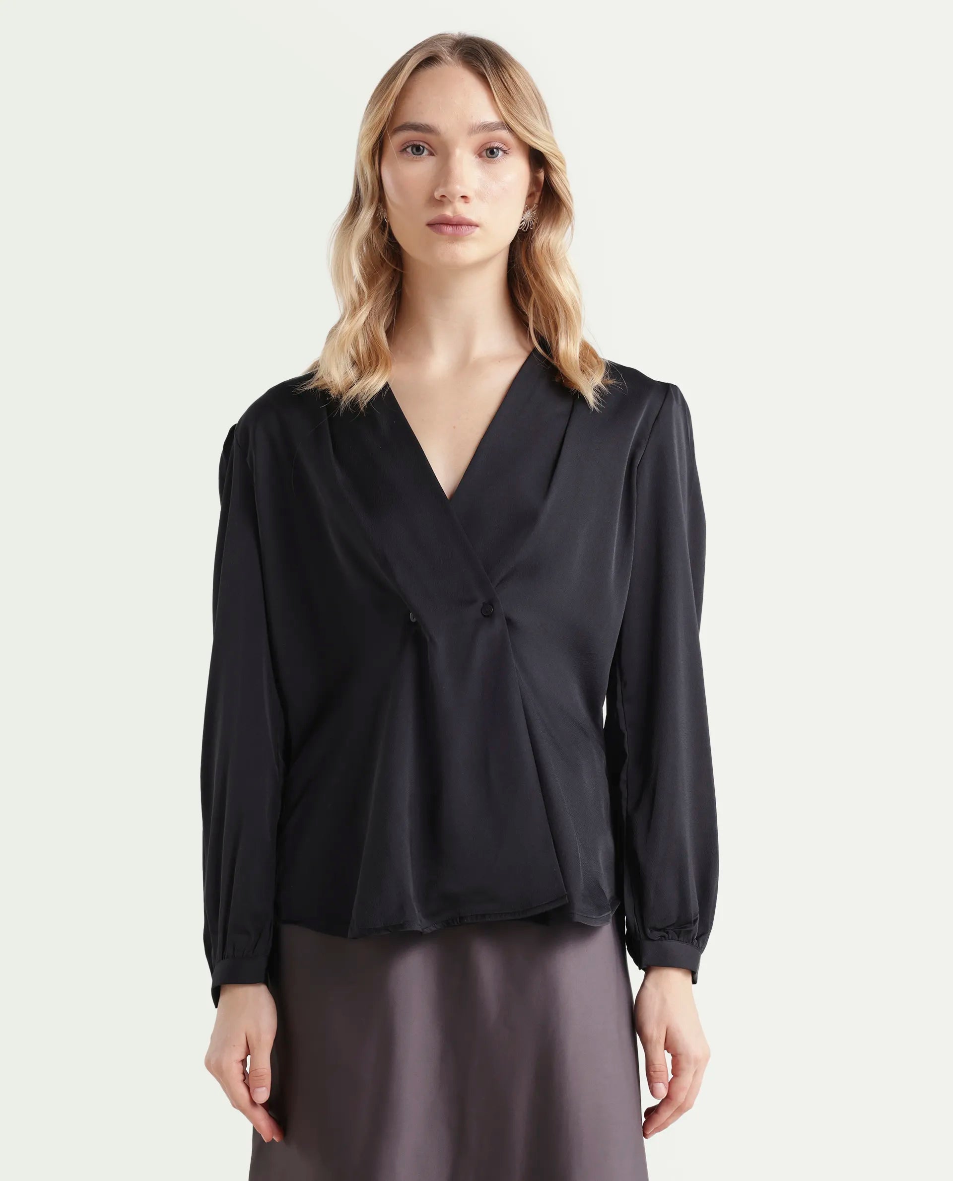 Rareism Women's Caplan Black Polyester Overlap Neck Plain Bishop Sleeve Regular Fit Top