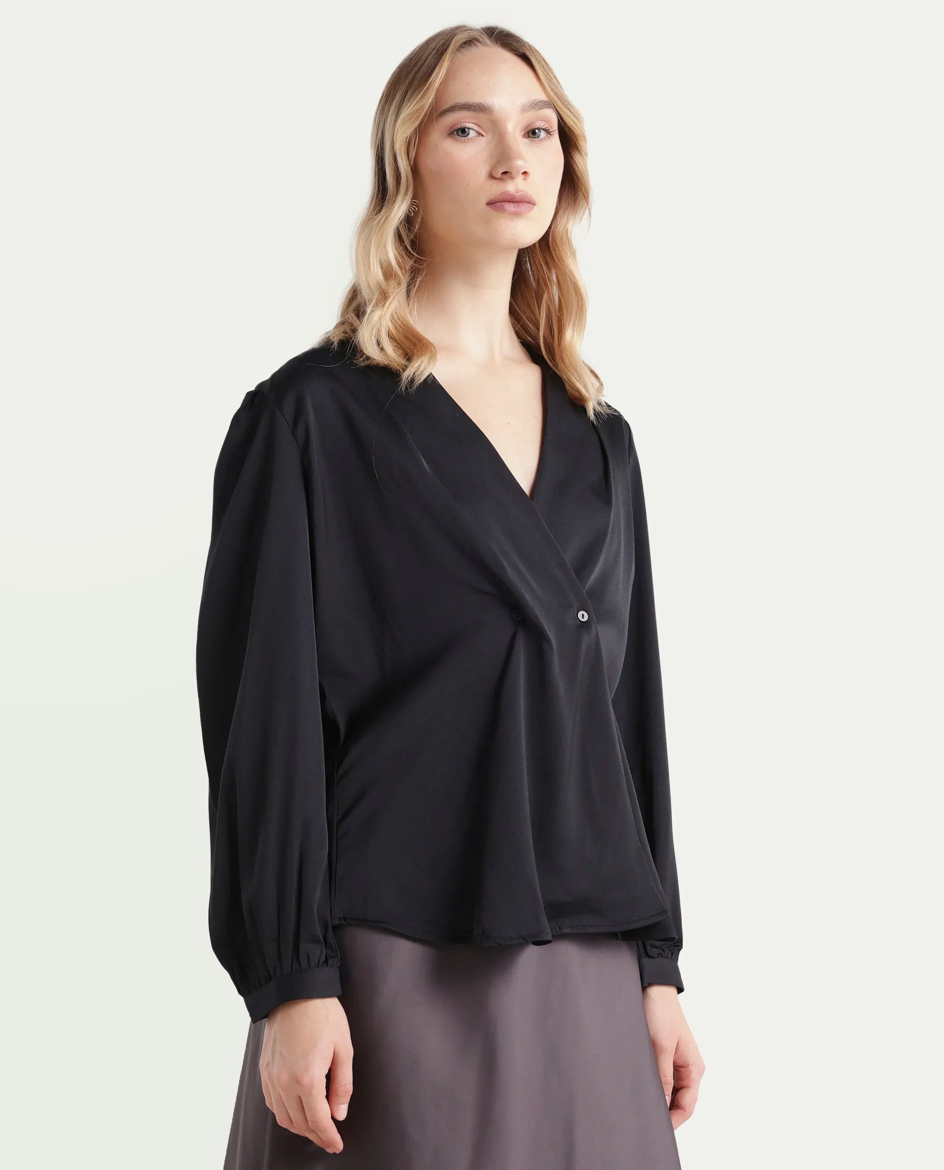 Rareism Women's Caplan Black Polyester Overlap Neck Plain Bishop Sleeve Regular Fit Top
