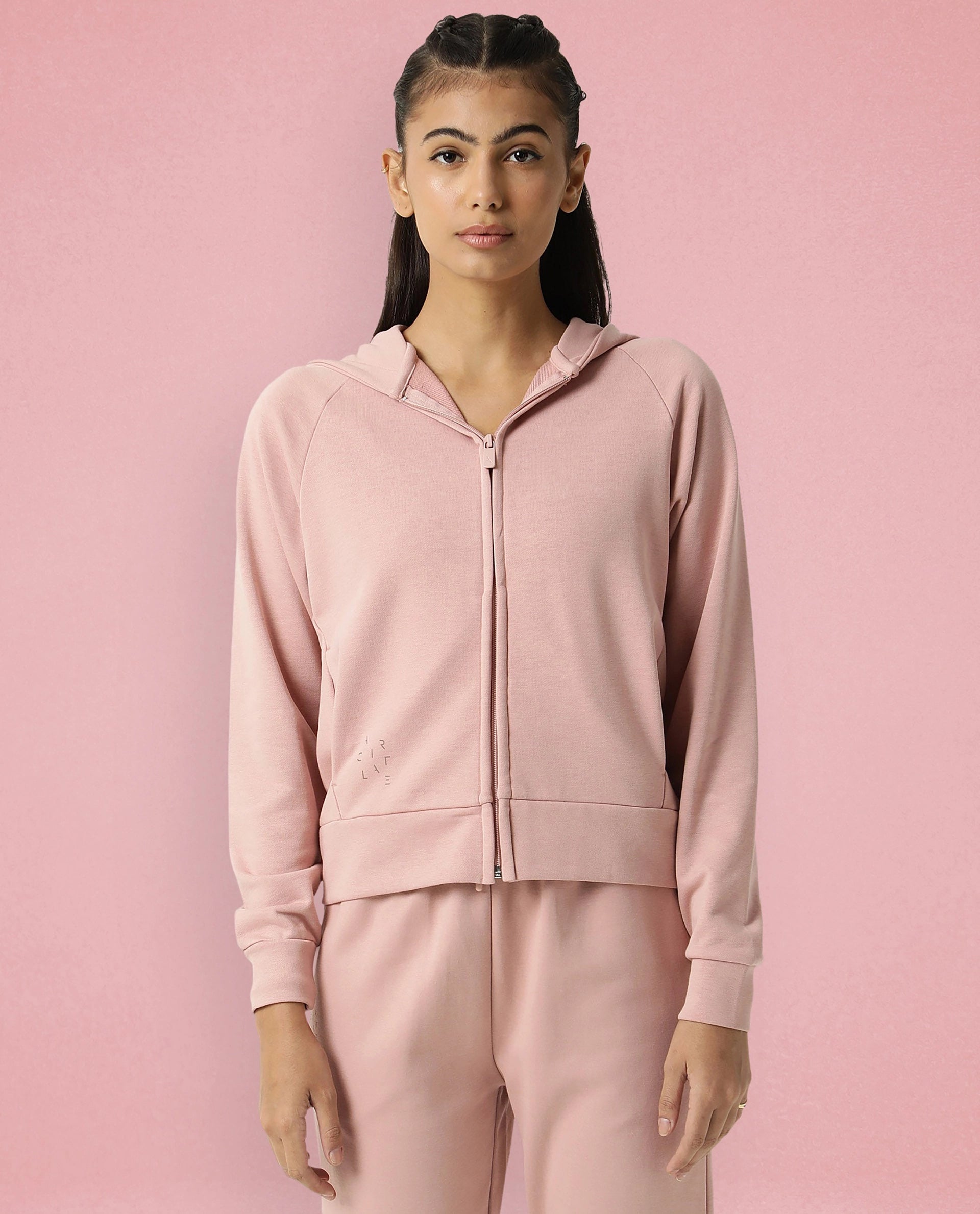 Rareism Women Capper Dusky Pink Cotton Blend Fabric Full Sleeves Solid Hooded Jacket