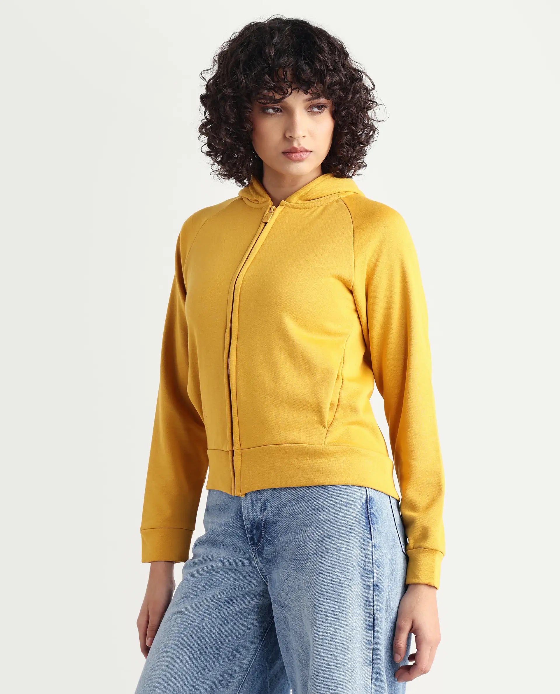 Rareism Women's Medium Weight Terry 290 Gsm Cotton Blend Hooded Plain Regular Fit Jacket