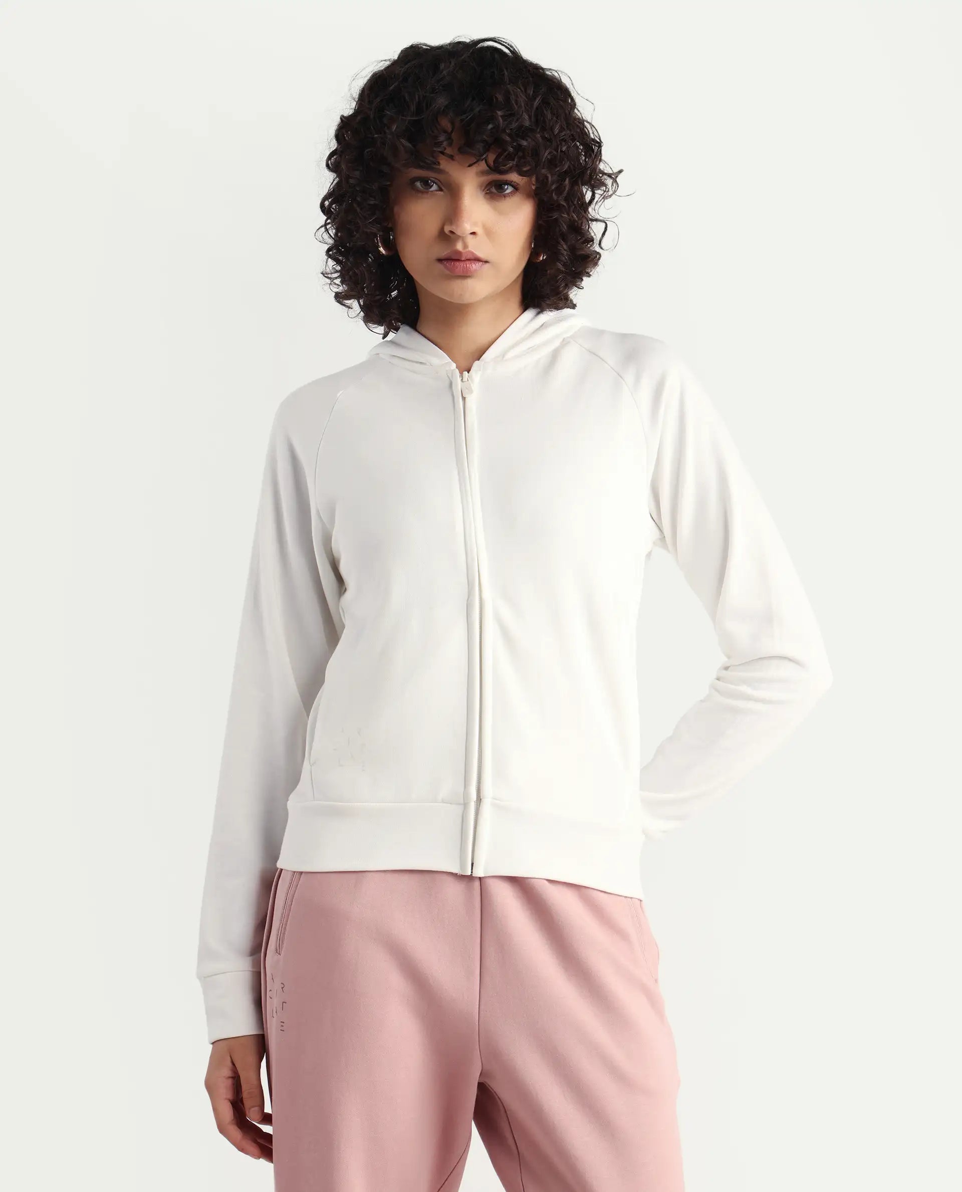 Rareism Women's Medium Weight Terry 290 Gsm Cotton Blend Hooded Plain Regular Fit Jacket