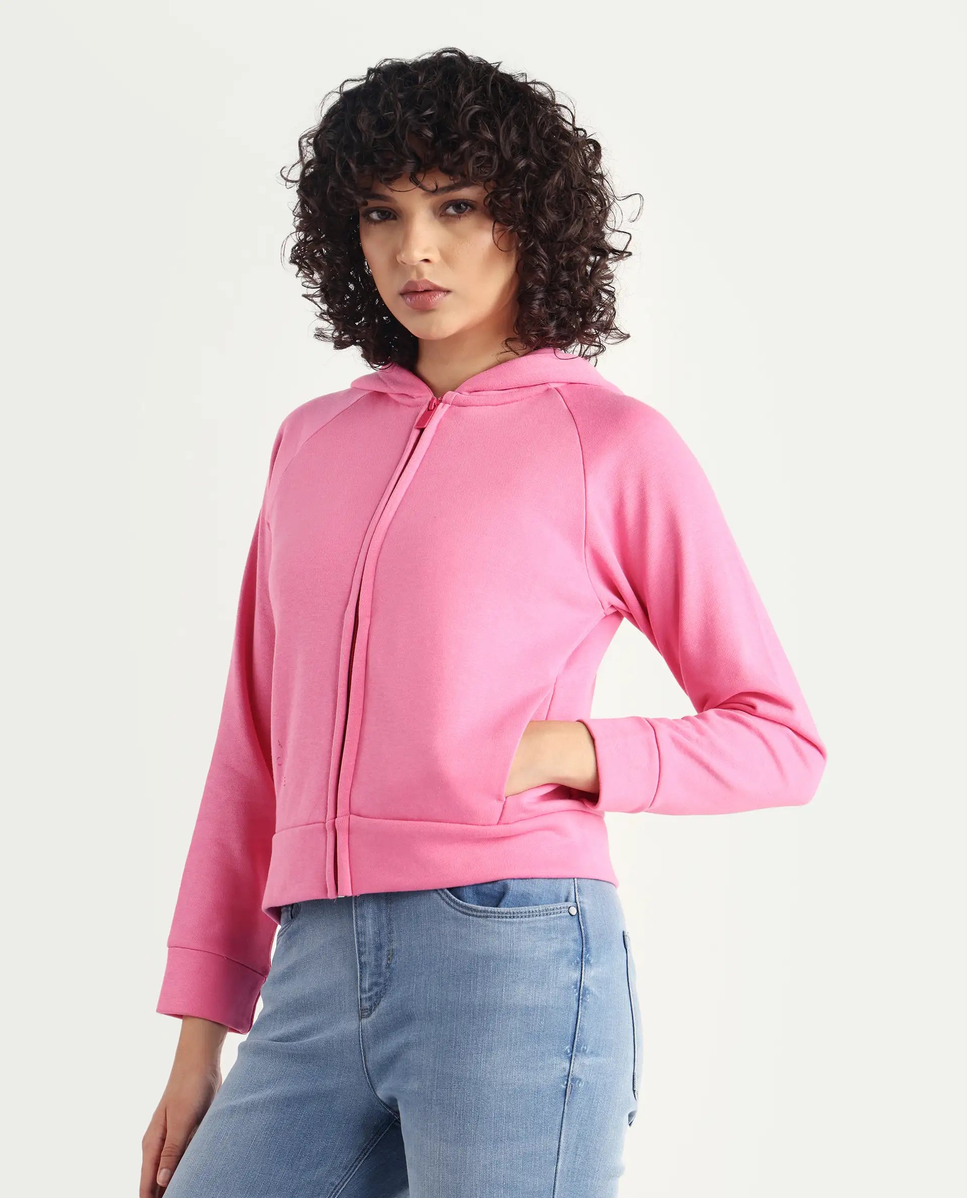 Rareism Women's Medium Weight Terry 290 Gsm Cotton Blend Hooded Plain Regular Fit Jacket