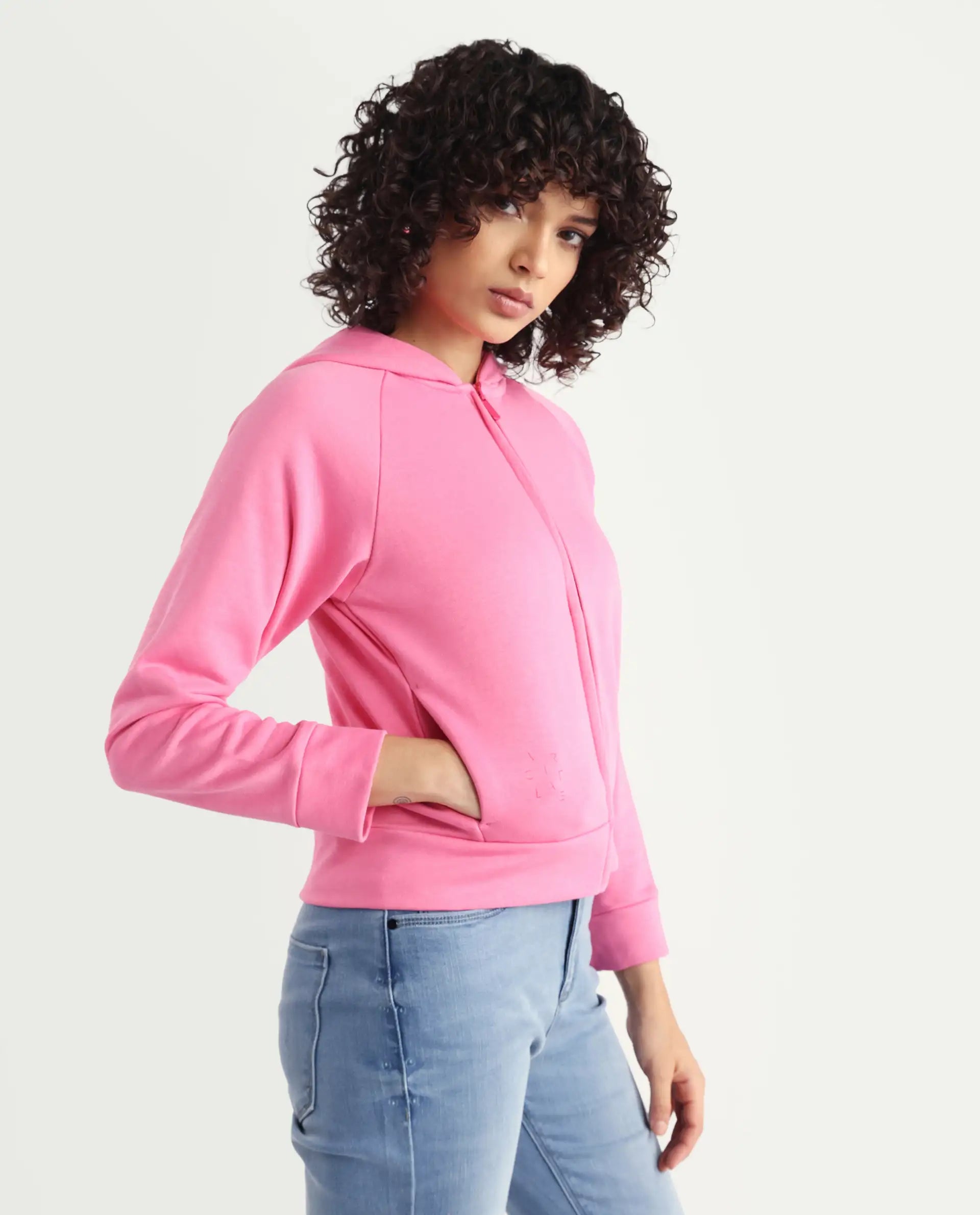 Rareism Women's Medium Weight Terry 290 Gsm Cotton Blend Hooded Plain Regular Fit Jacket