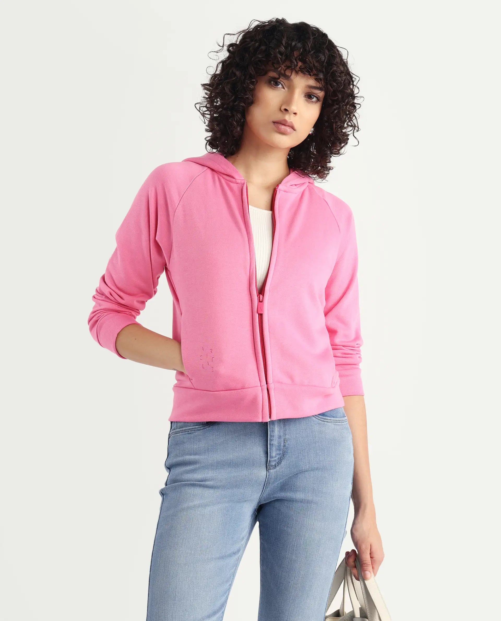 Rareism Women's Medium Weight Terry 290 Gsm Cotton Blend Hooded Plain Regular Fit Jacket