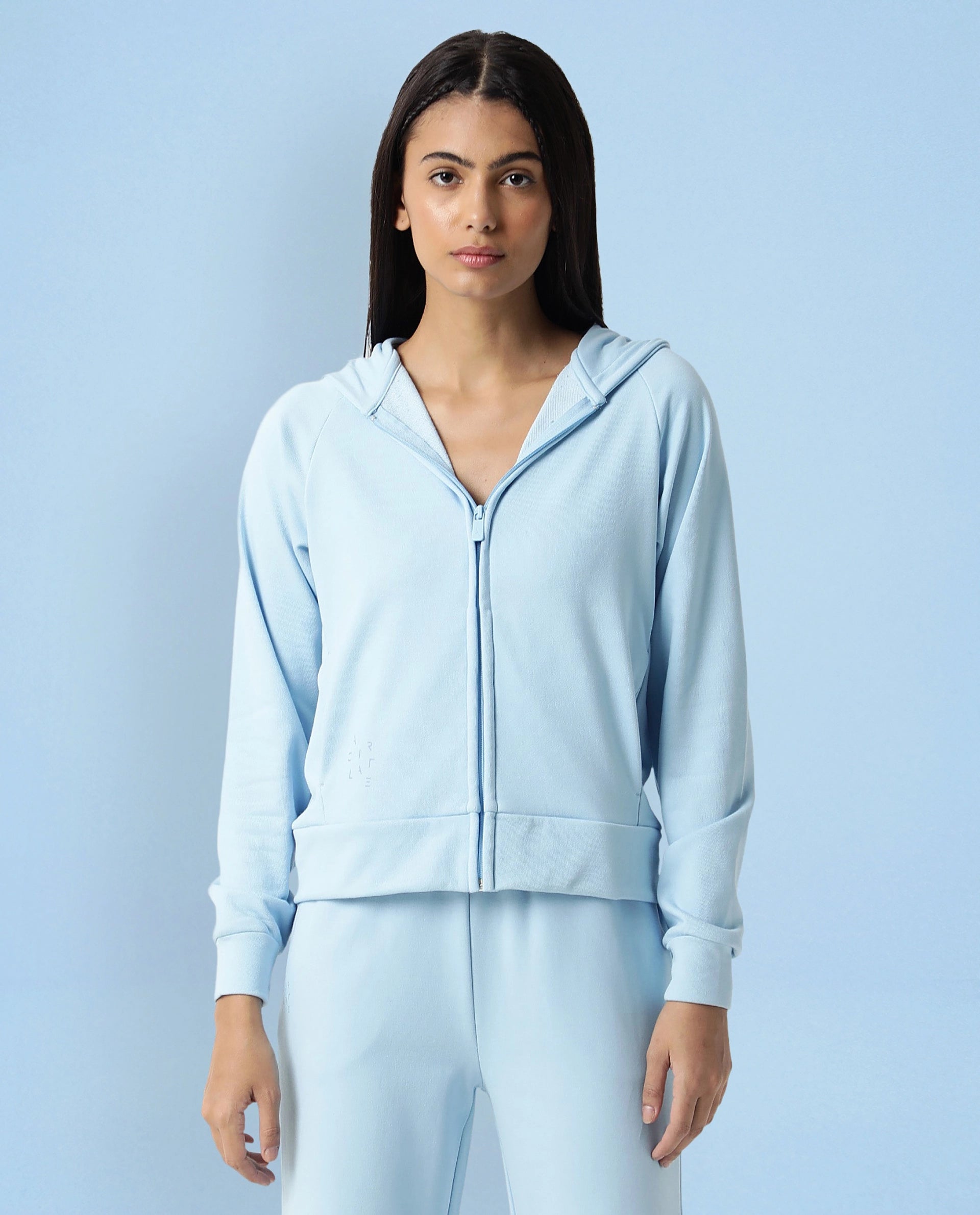 Rareism Women Capper Blue Cotton Blend Fabric Full Sleeves Solid Hooded Jacket