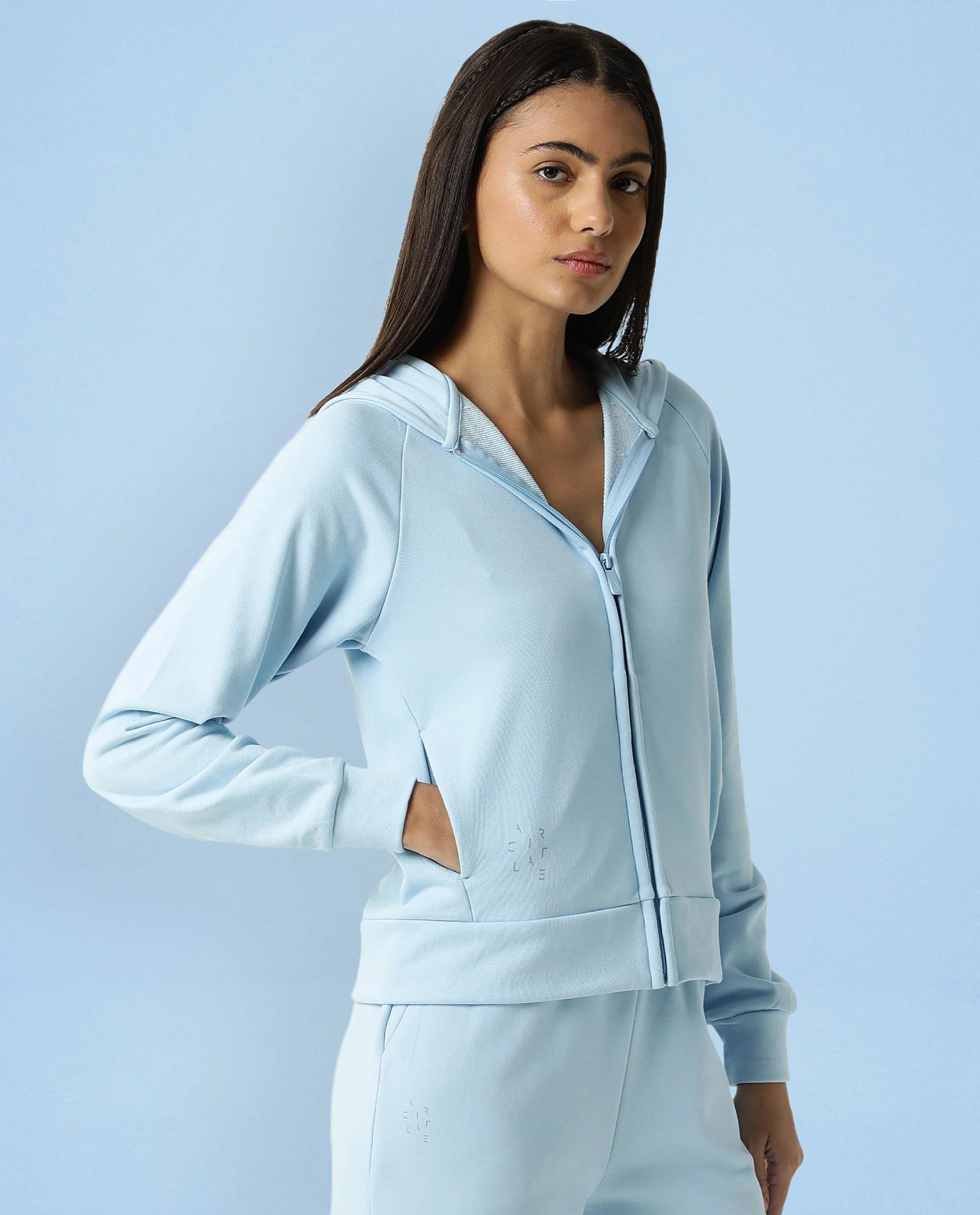 Rareism Women Capper Blue Cotton Blend Fabric Full Sleeves Solid Hooded Jacket