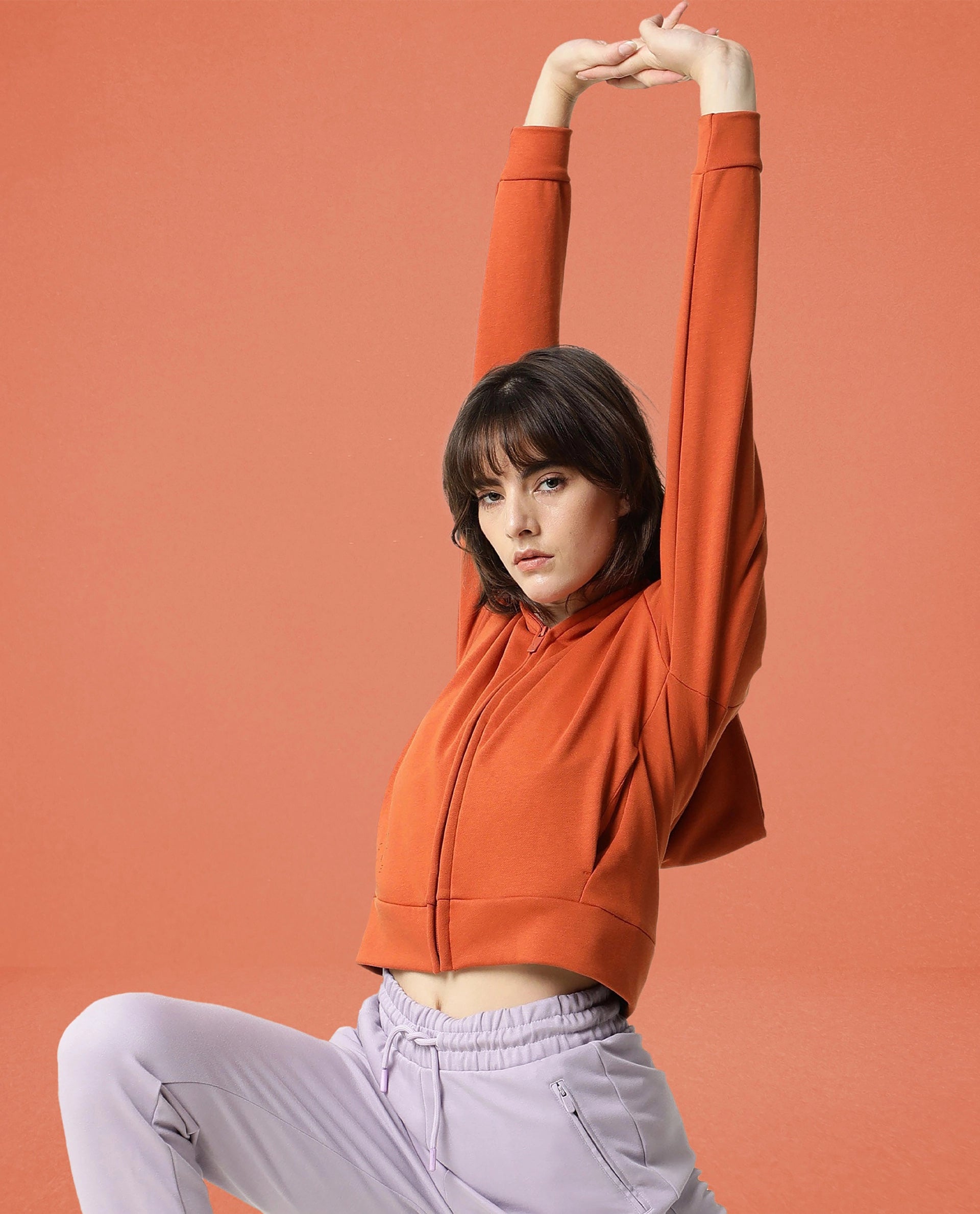 Rareism Women Capper Orange Cotton Blend Fabric Full Sleeves Solid Hooded Jacket