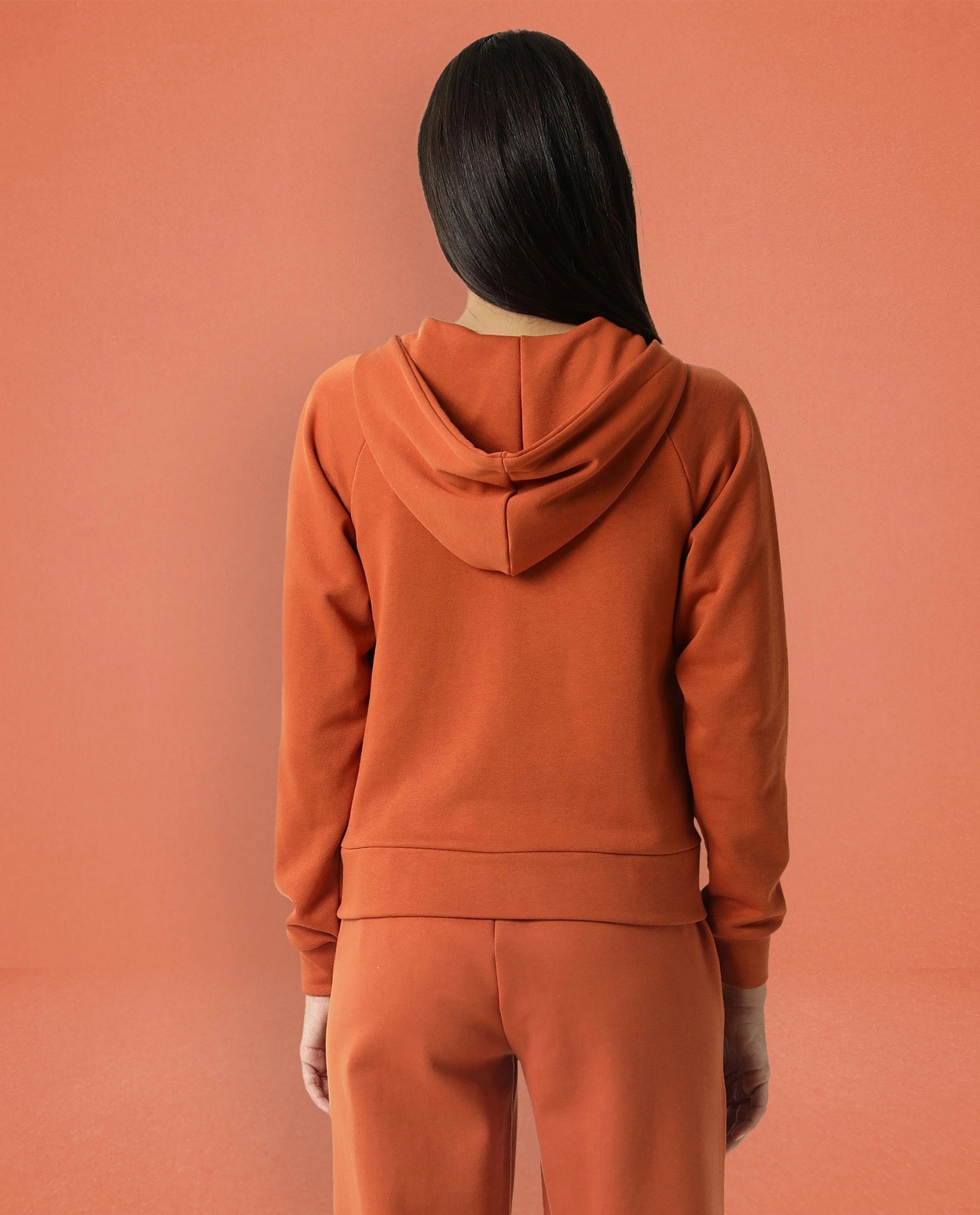 Rareism Women Capper Orange Cotton Blend Fabric Full Sleeves Solid Hooded Jacket