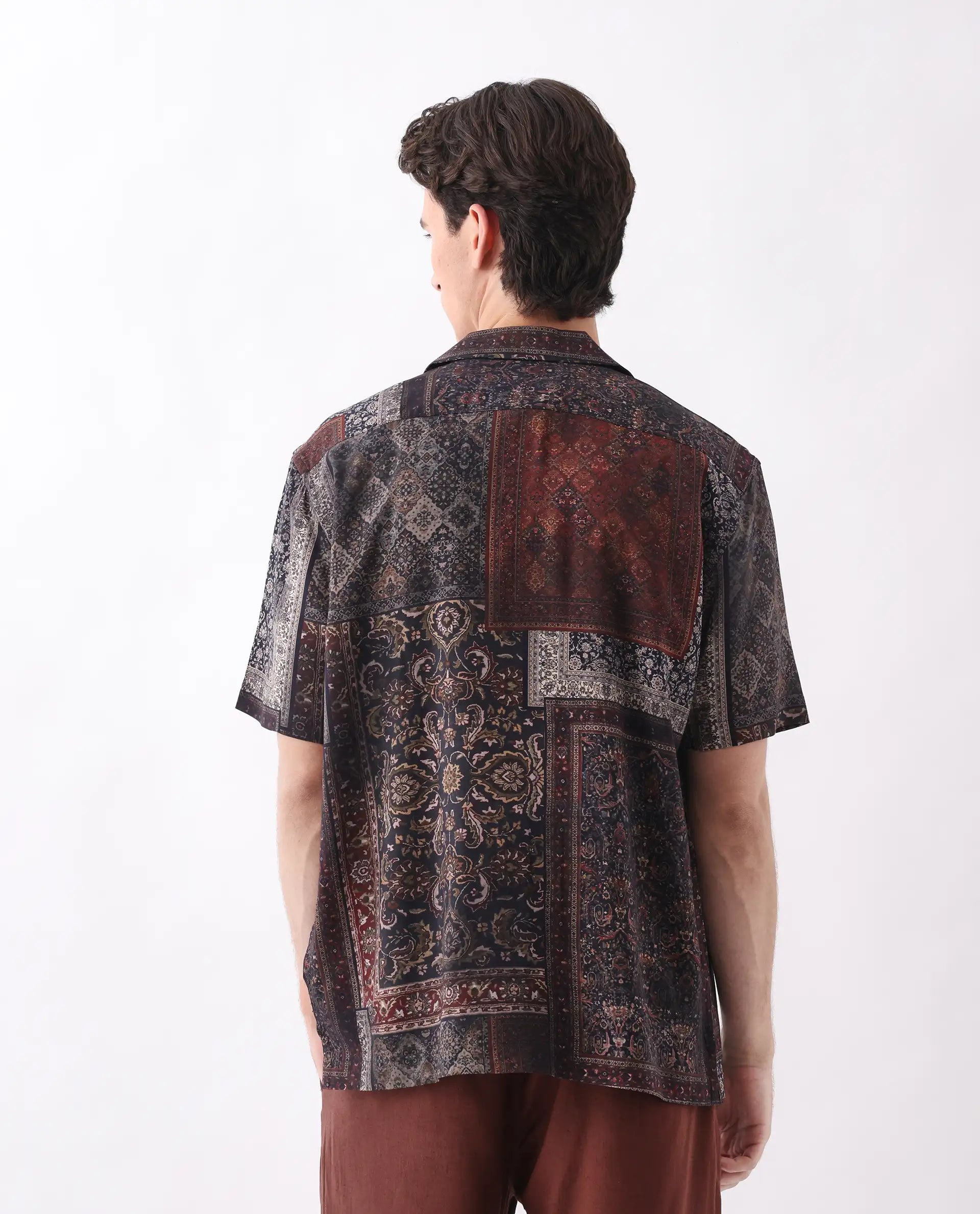 Rare Rabbit Men's Capra Dark Brown Viscose Art Deco Print Relaxed Fit Half Sleeve Cuban Collar Shirt