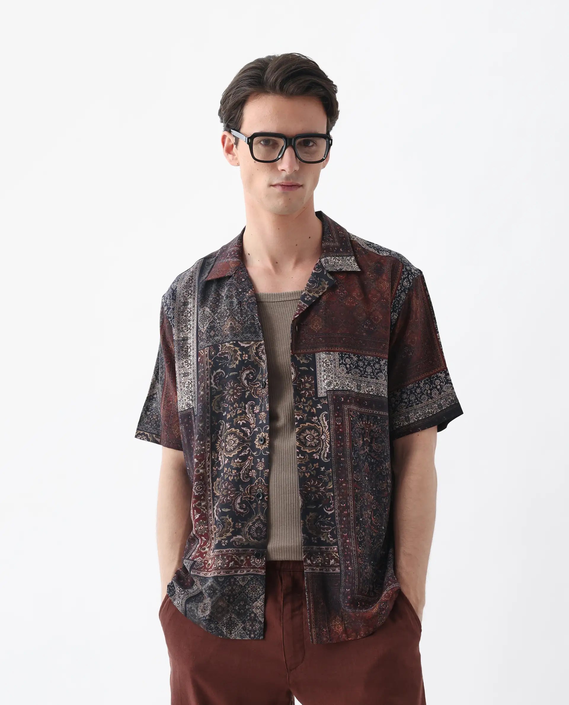 Rare Rabbit Men's Capra Dark Brown Viscose Art Deco Print Relaxed Fit Half Sleeve Cuban Collar Shirt