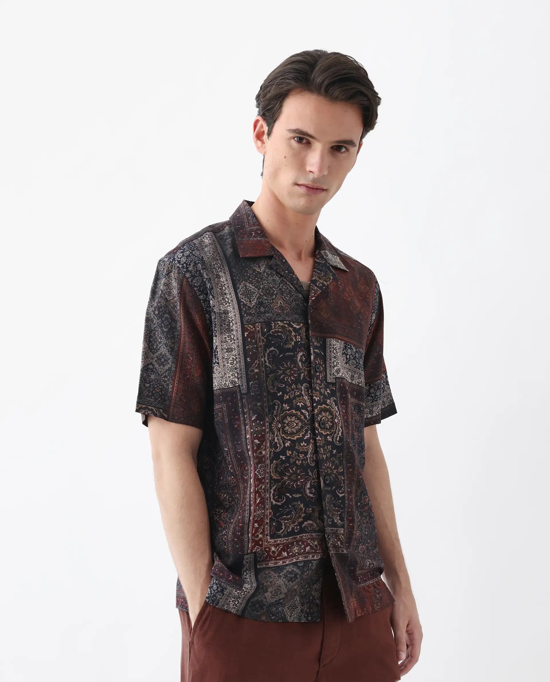 Rare Rabbit Men's Capra Dark Brown Viscose Art Deco Print Relaxed Fit Half Sleeve Cuban Collar Shirt