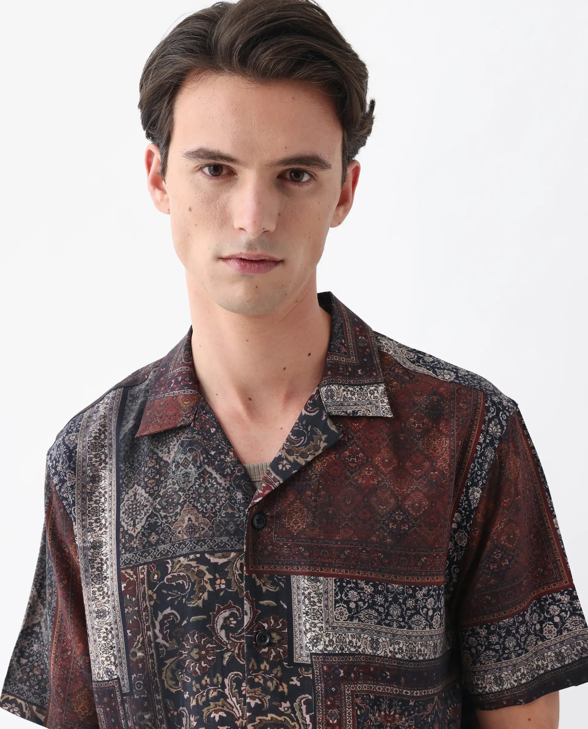Rare Rabbit Men's Capra Dark Brown Viscose Art Deco Print Relaxed Fit Half Sleeve Cuban Collar Shirt
