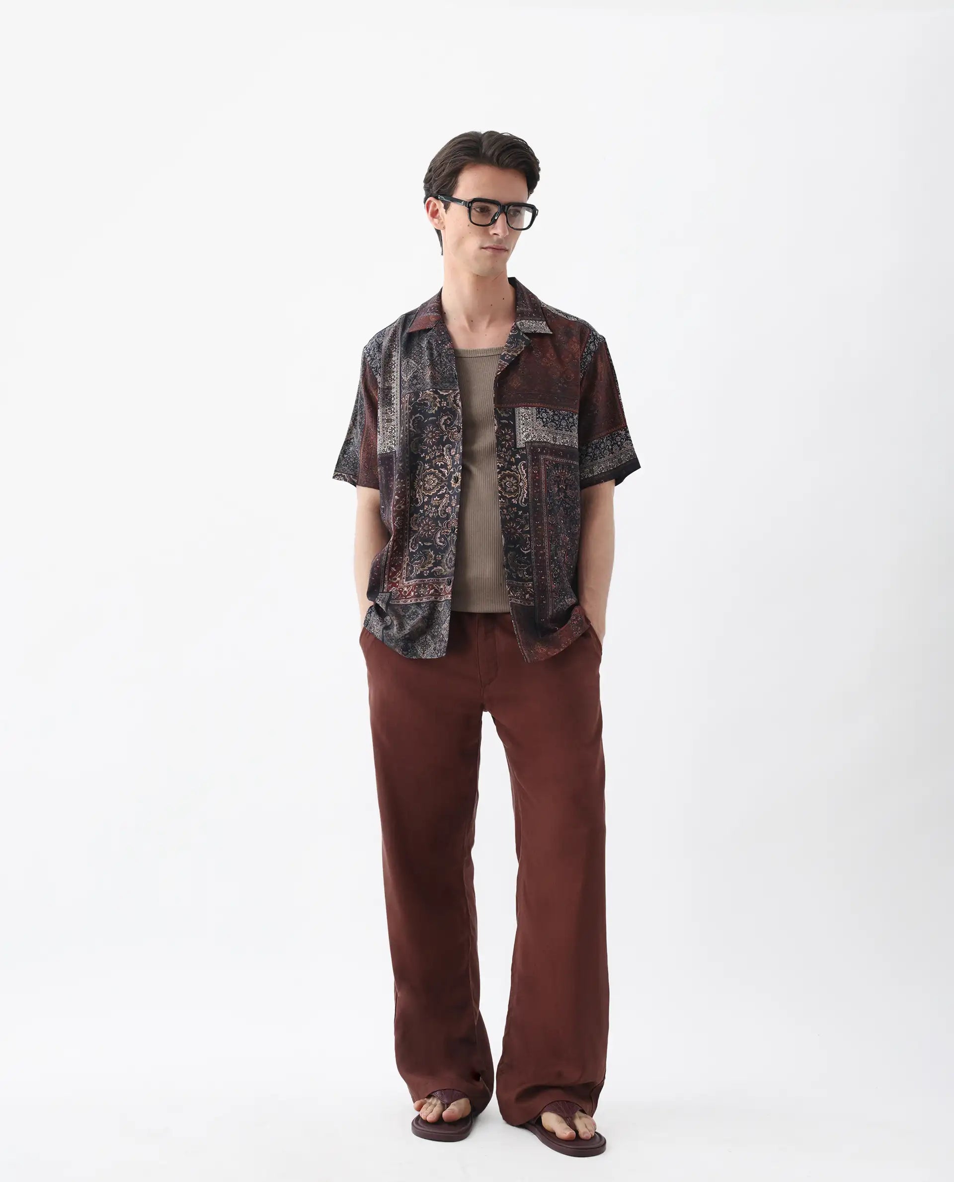 Rare Rabbit Men's Capra Dark Brown Viscose Art Deco Print Relaxed Fit Half Sleeve Cuban Collar Shirt